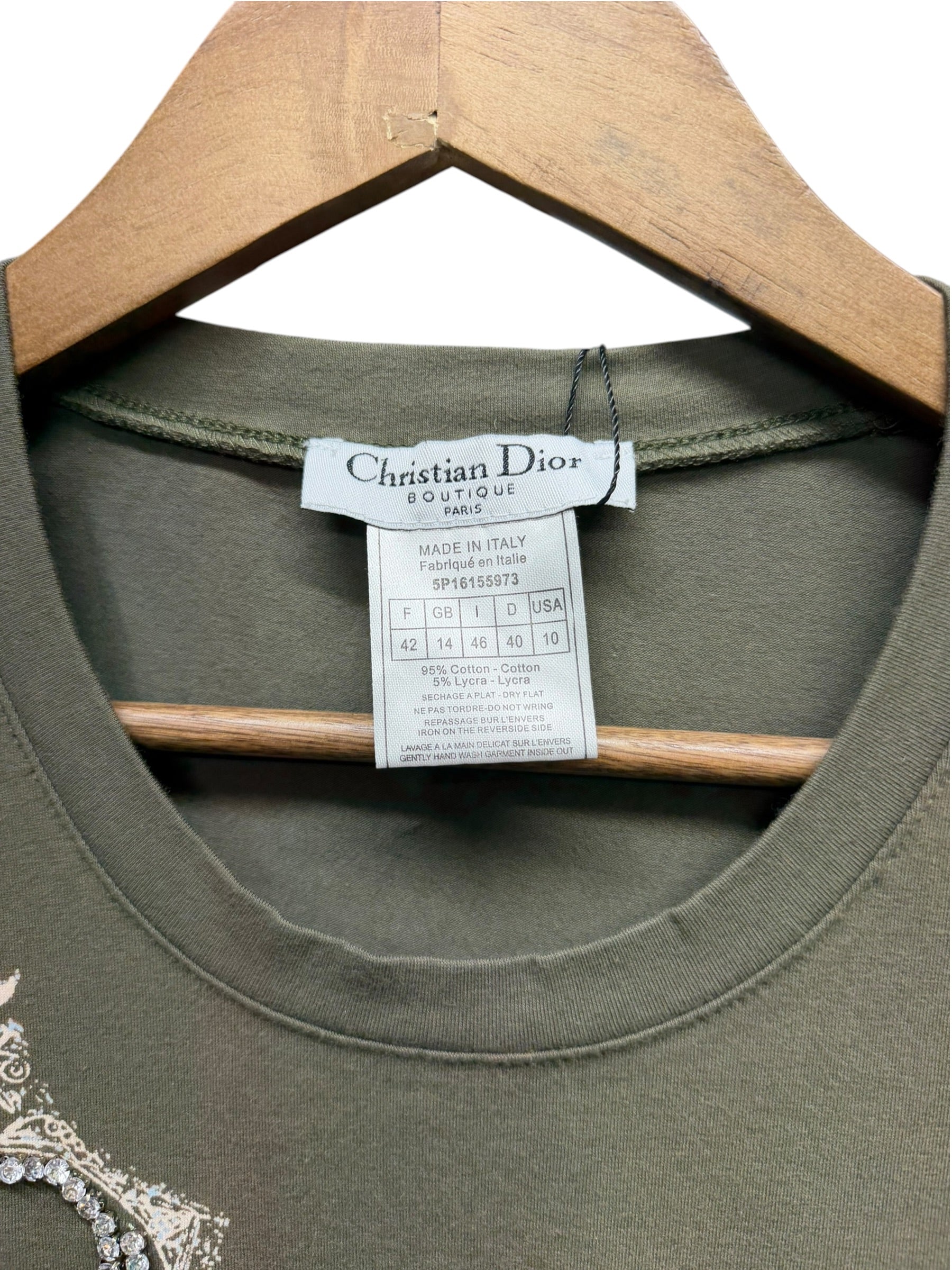 Christian Dior Green Short-Sleeve Diamonds/Pearls Studded T-Shirt