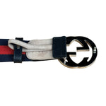 Gucci Navy Blue Leather Trim G Web Buckle Belt