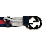 Gucci Navy Blue Leather Trim G Web Buckle Belt