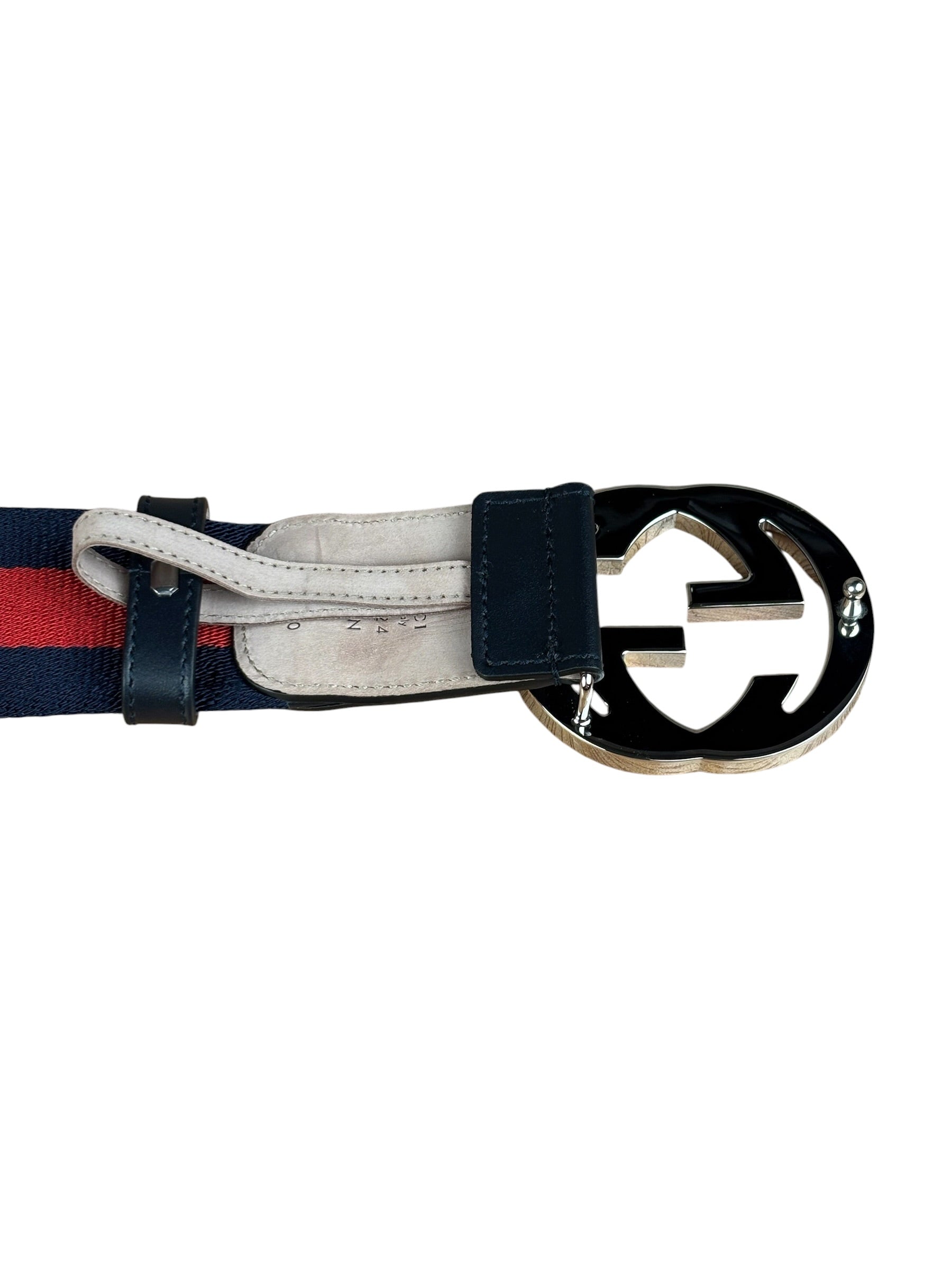 Gucci Navy Blue Leather Trim G Web Buckle Belt