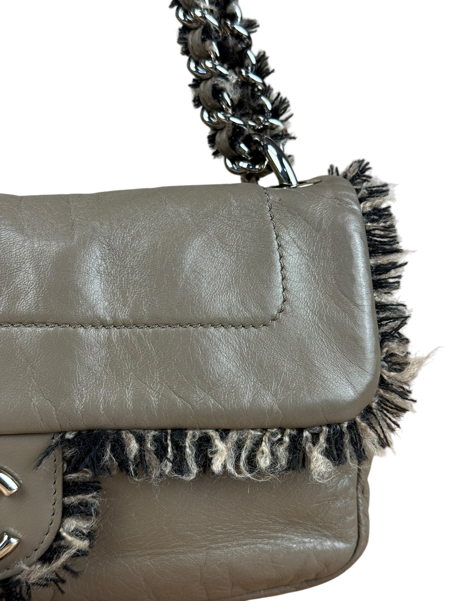 Chanel Taupe Leather Funny Tweed Fringe Flap Bag 2010