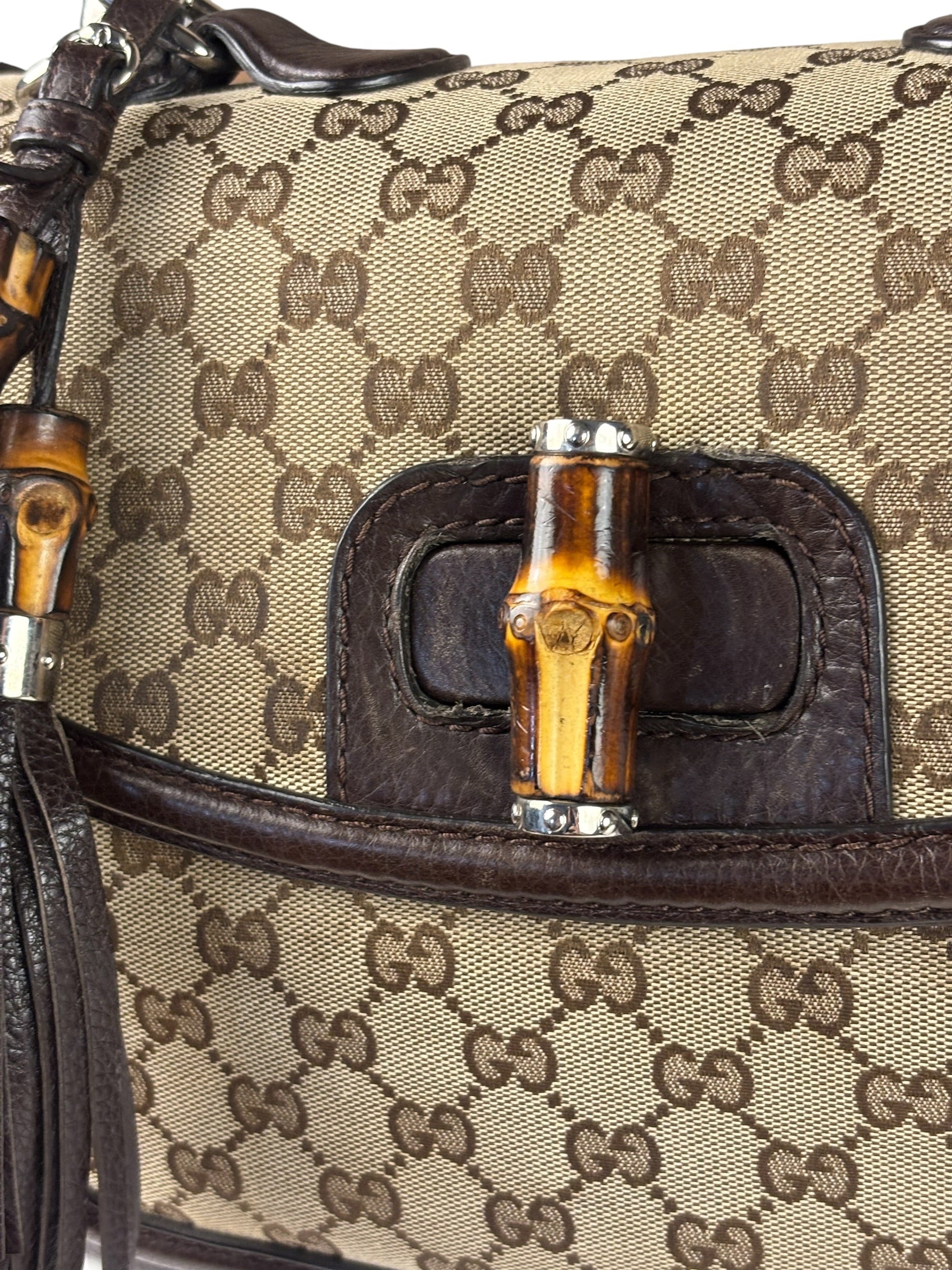 Gucci Brown Leather Trim GG Bamboo Handle Two-Way Bag