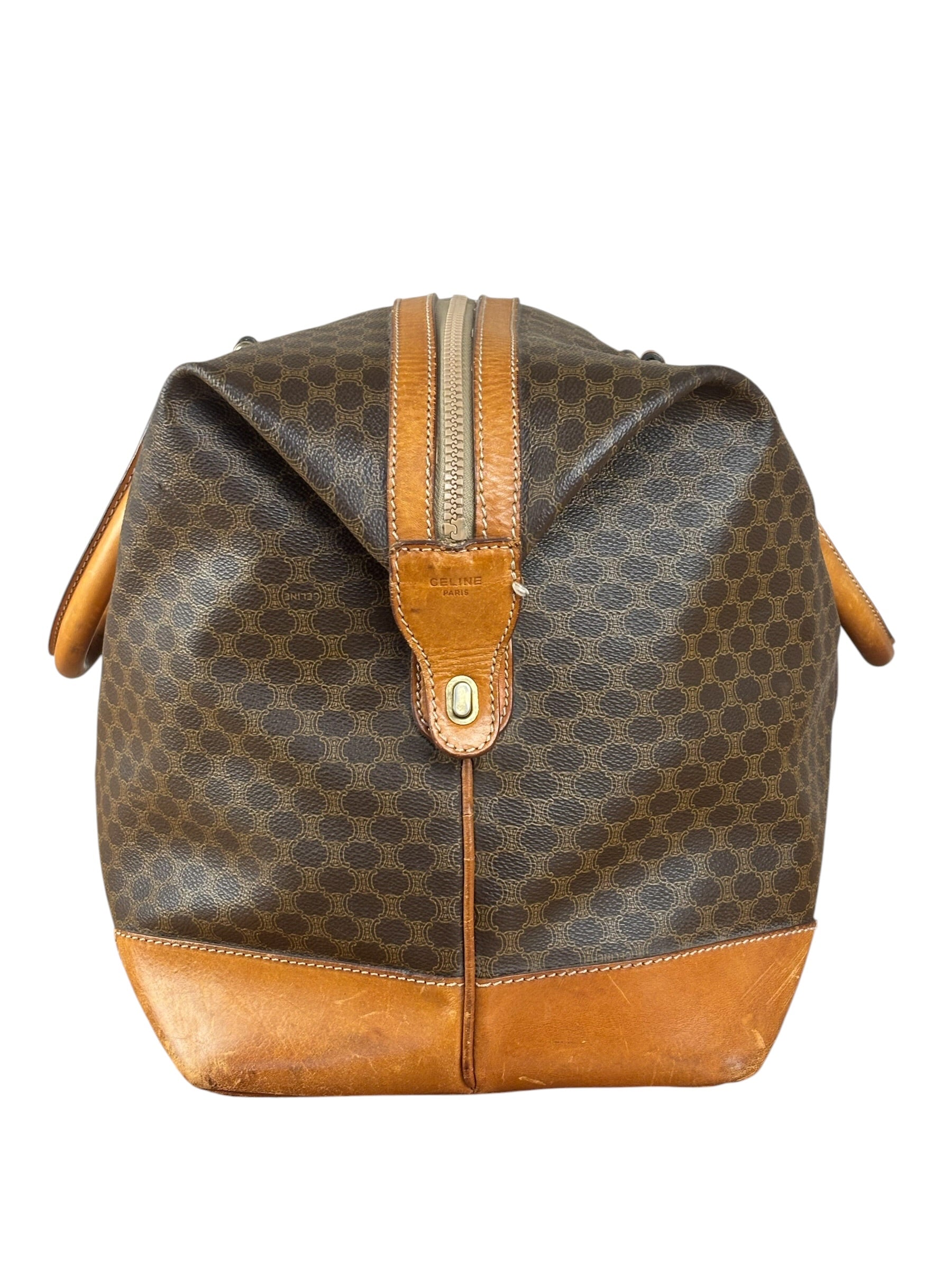 Celine Brown Leather Canvas Macadam Travel Handbag
