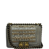 Chanel Grey Suede Beaded Pearl/Bead Boy Flap 2014