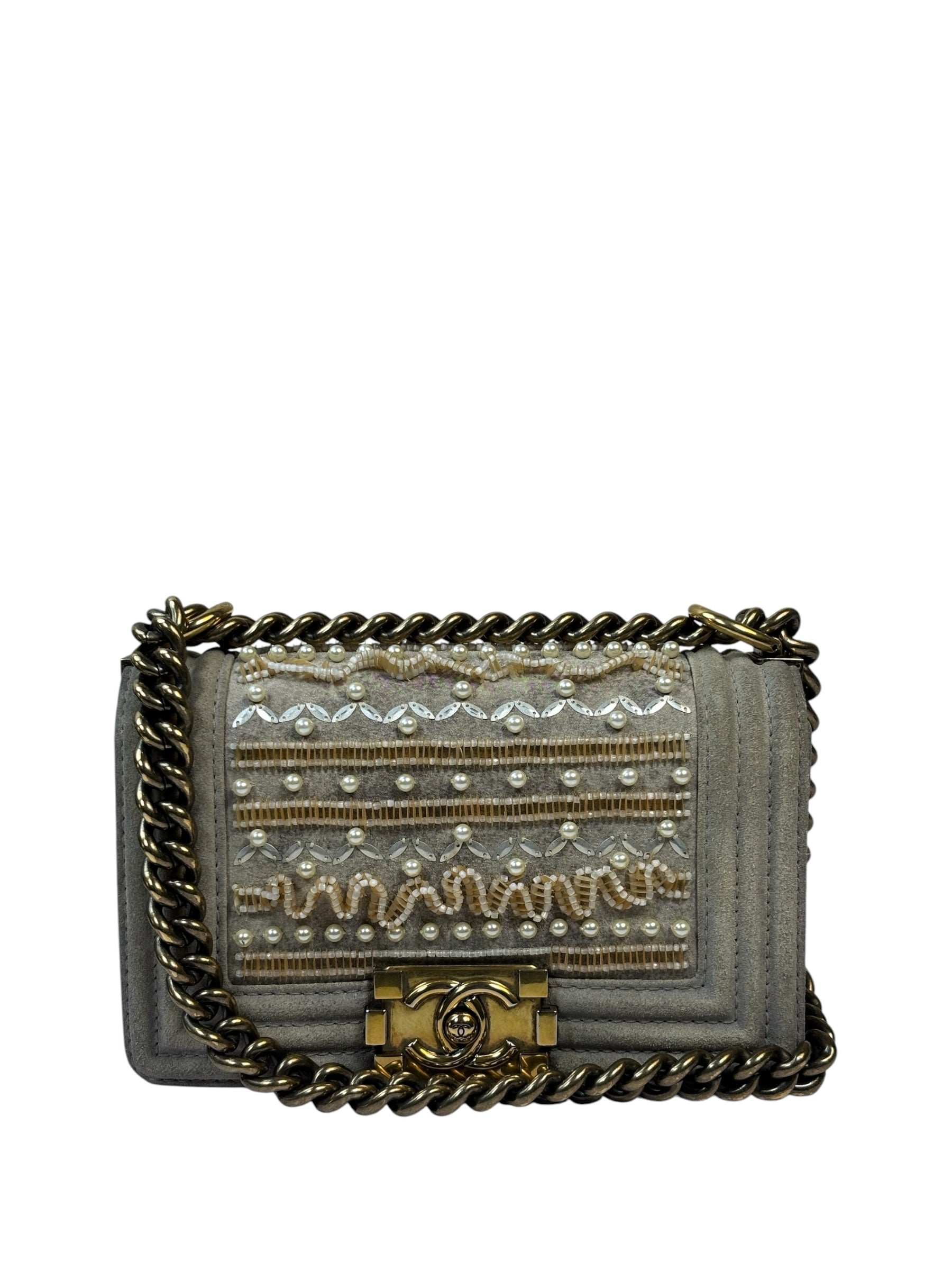 Chanel Grey Suede Beaded Pearl/Bead Boy Flap 2014