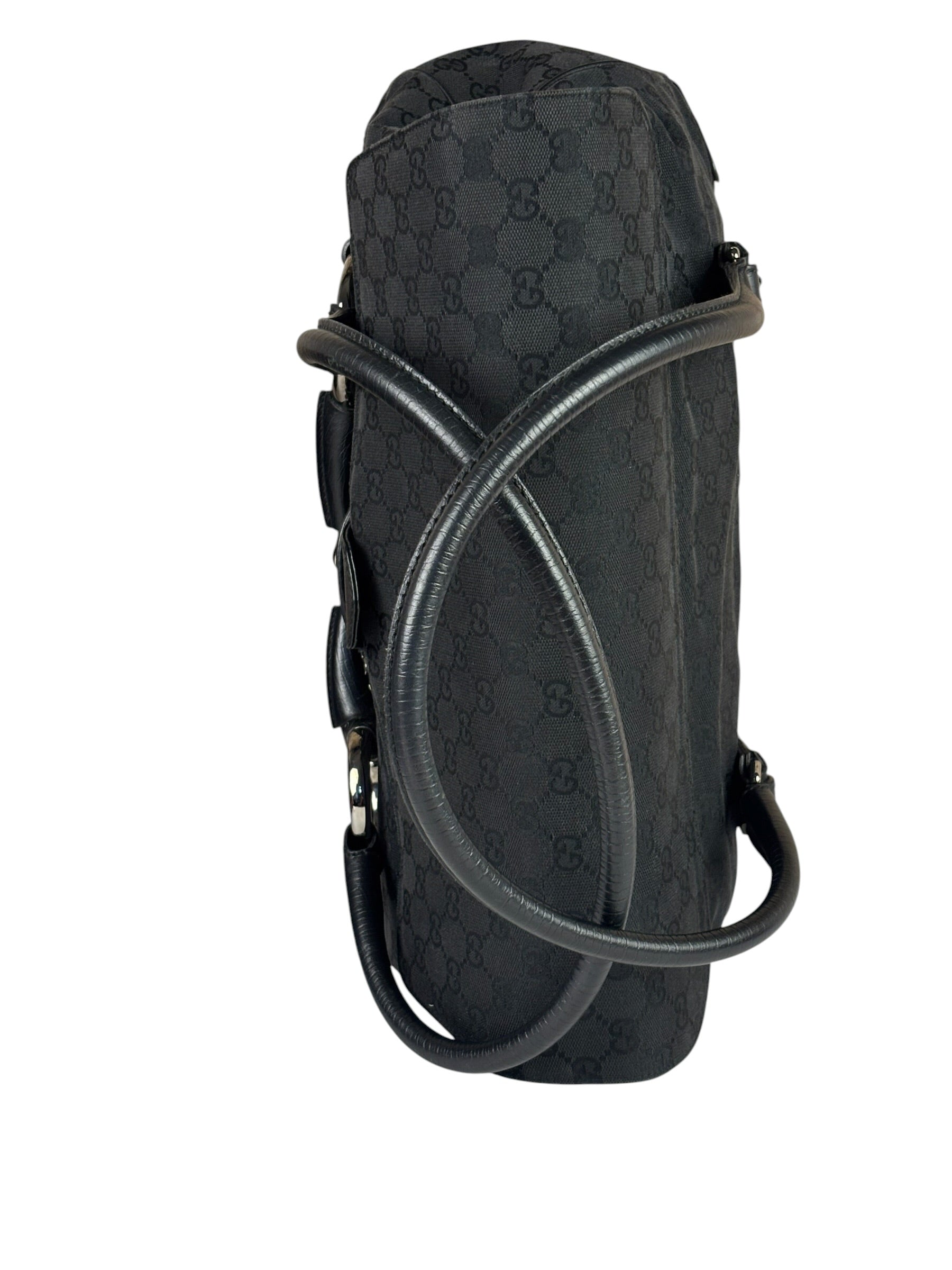 Gucci Black Leather Trim GG Horsebit Shoulder Bag