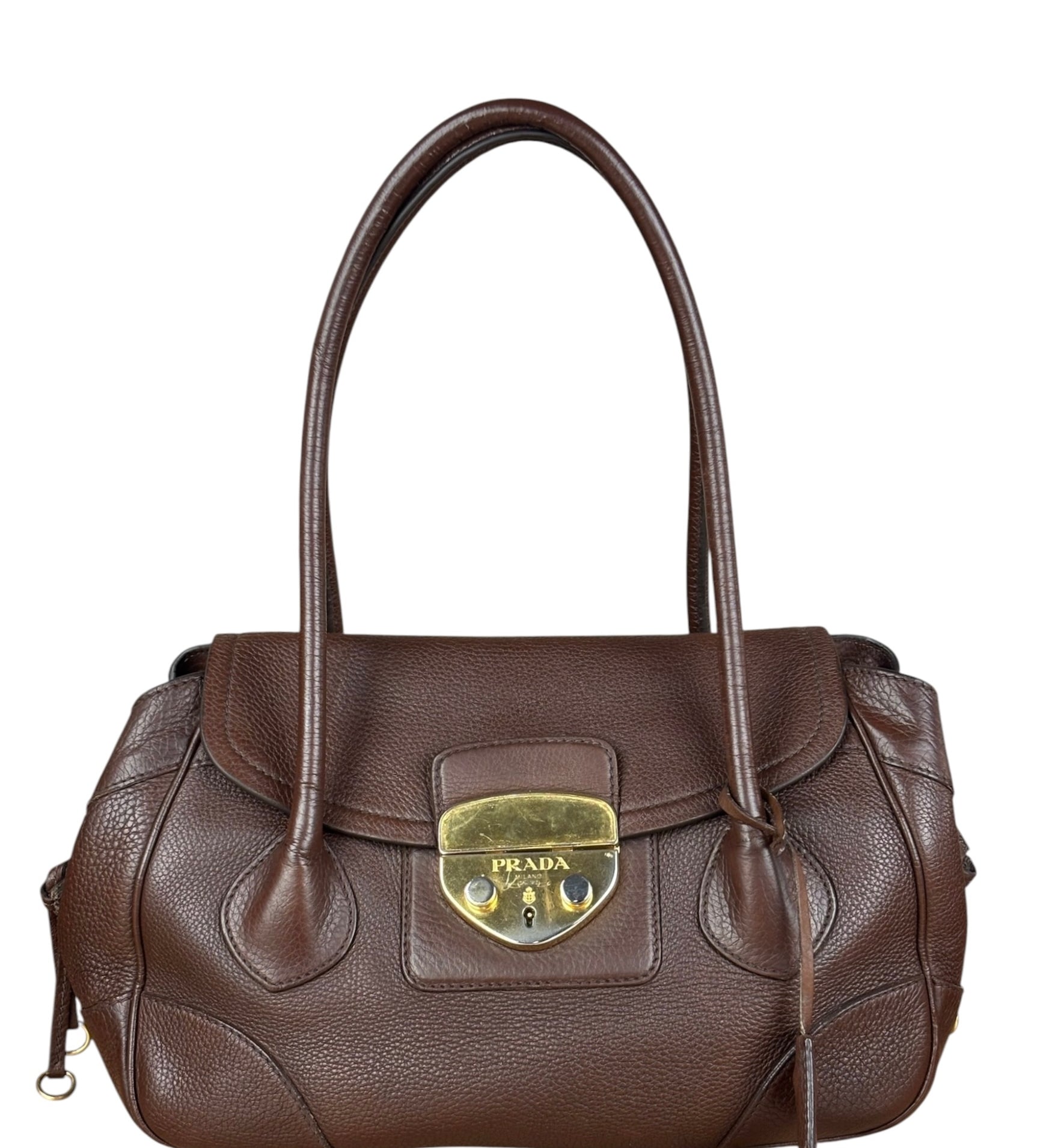 Prada Rich Brown Vitello Daino Sound Lock Satchel Shoulder Bag