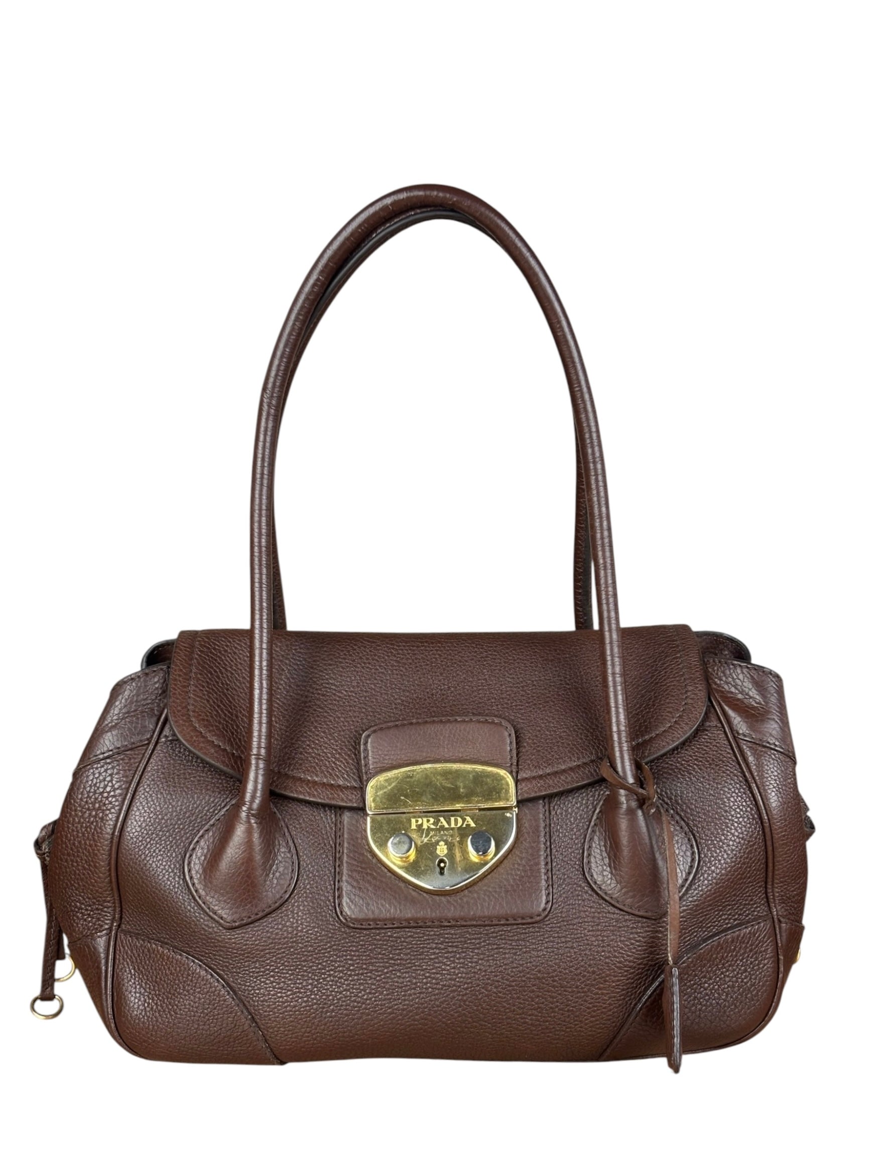 Prada Rich Brown Vitello Daino Sound Lock Satchel Shoulder Bag