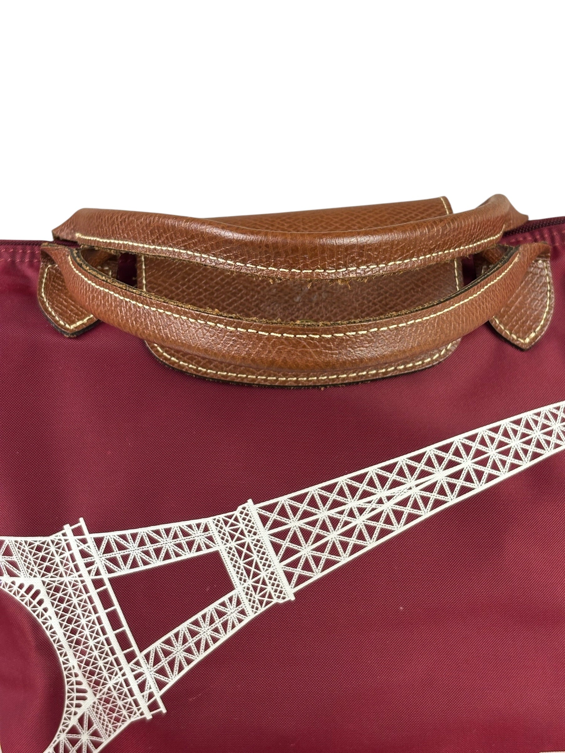Longchamp Red Leather Trim Le Pliage Paris Eiffel Tower Tote Bag