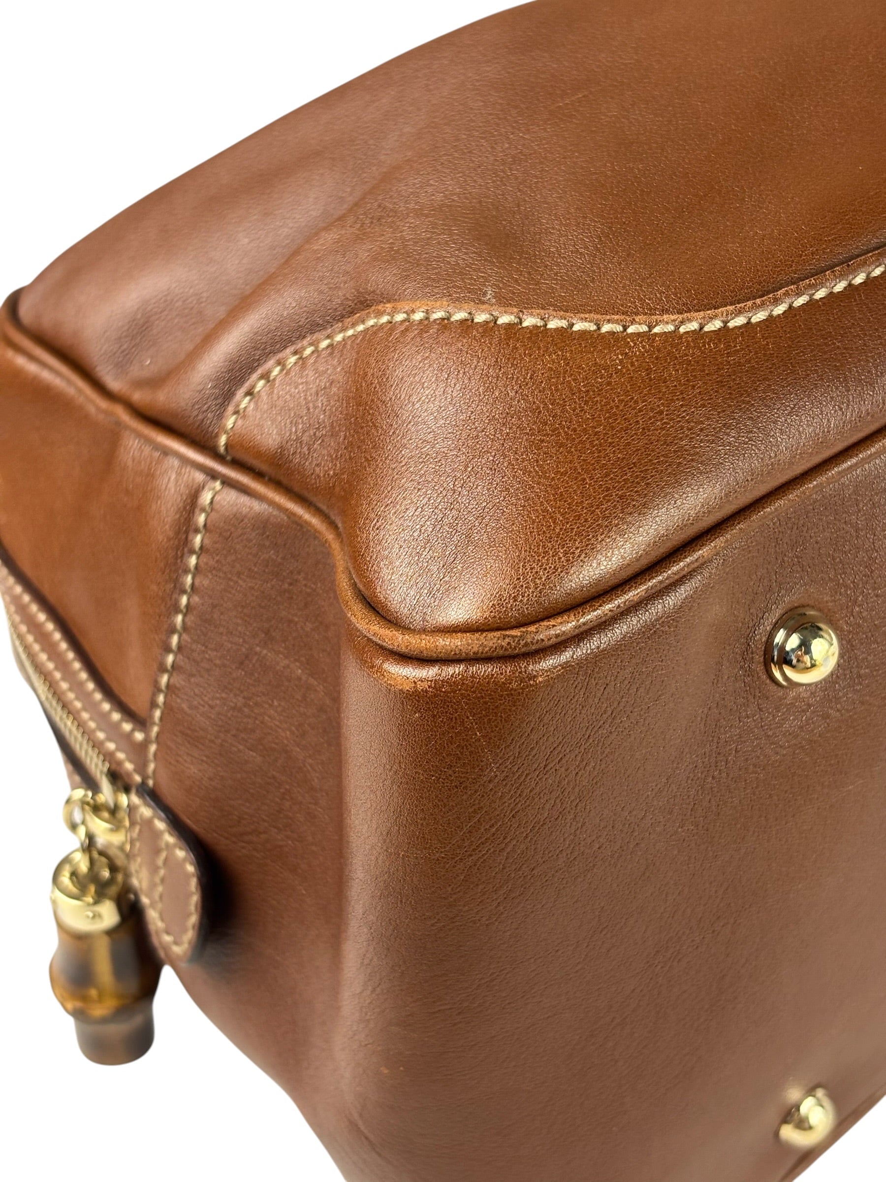 Gucci Tan Brown Leather Bamboo Handle Boston Bag