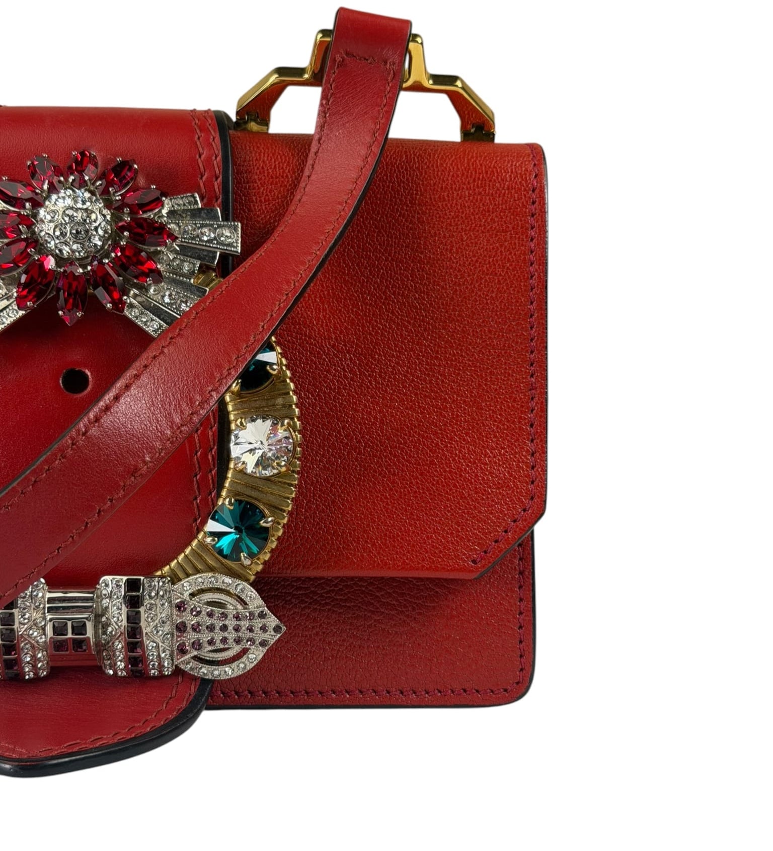 Miu Miu Red Leather Lady Jeweled Flap Bag
