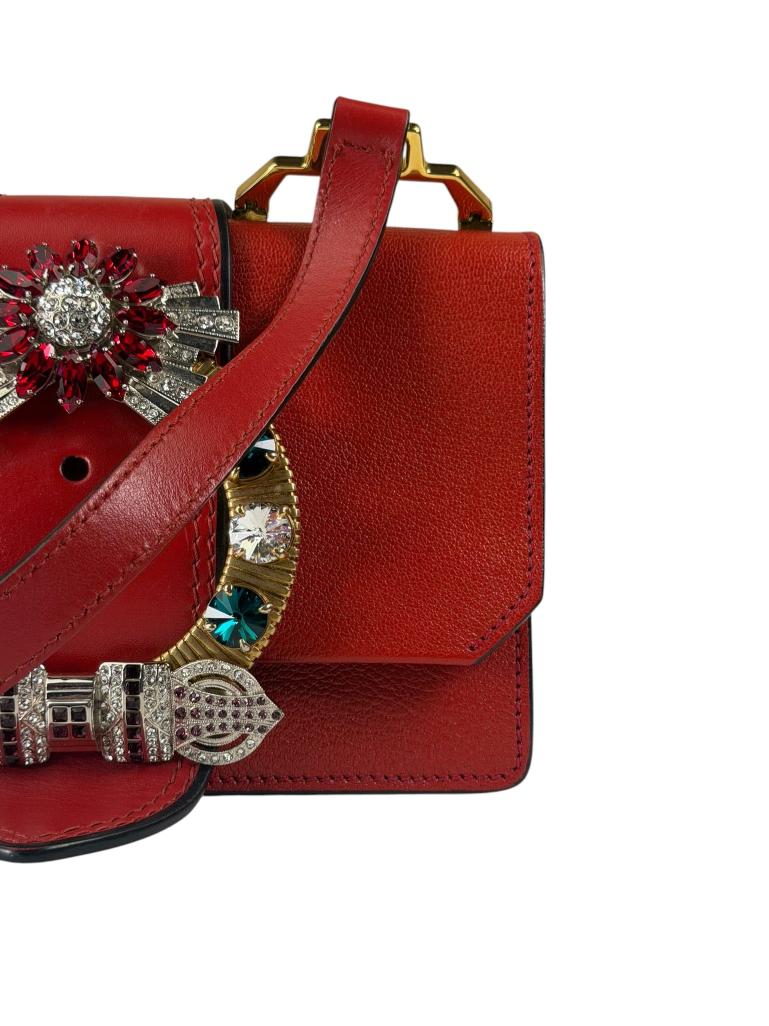 Miu Miu Red Leather Lady Jeweled Flap Bag