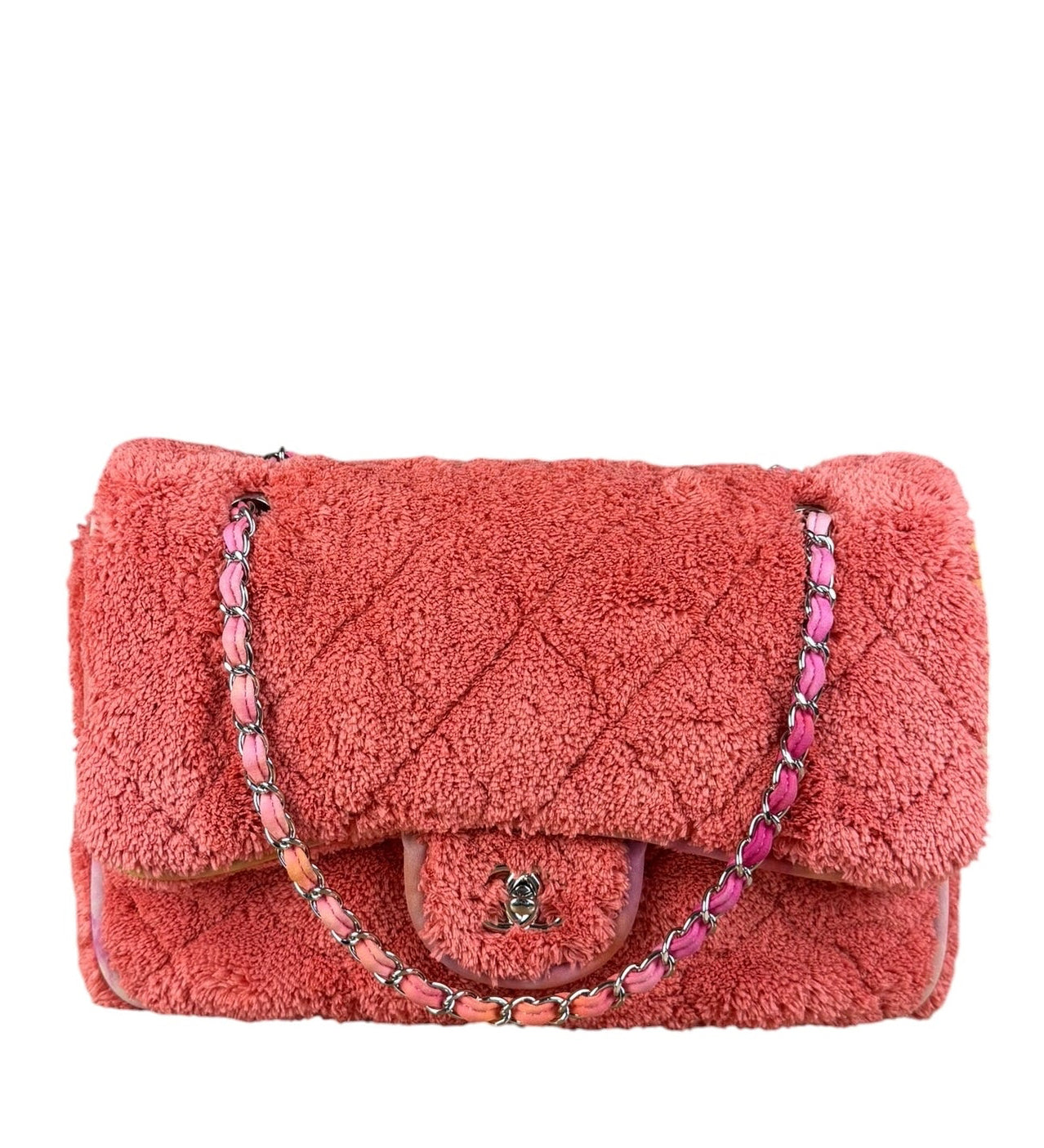 Chanel Coral Terry Cloth Quilted Jumbo Single Flap Shoulder Bag2020