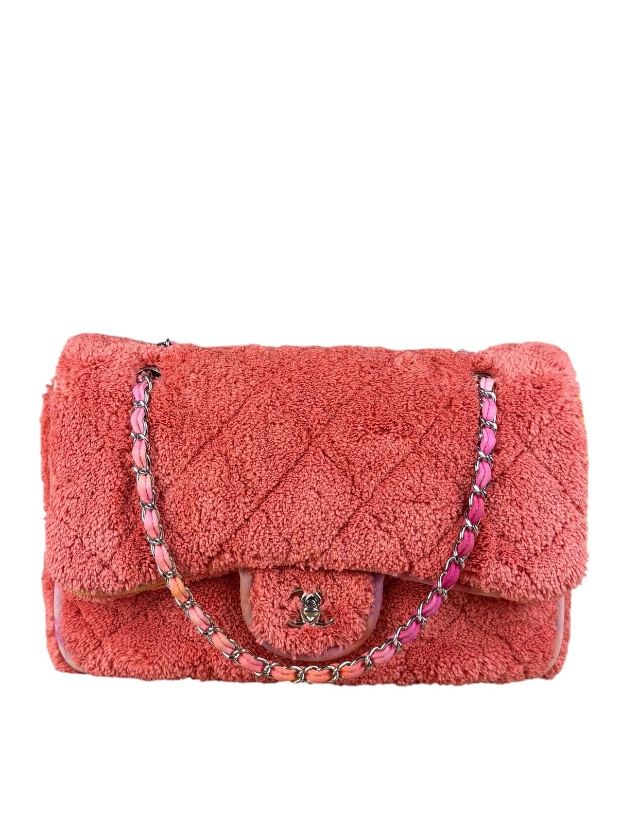 Chanel Coral Terry Cloth Quilted Jumbo Single Flap Shoulder Bag2020