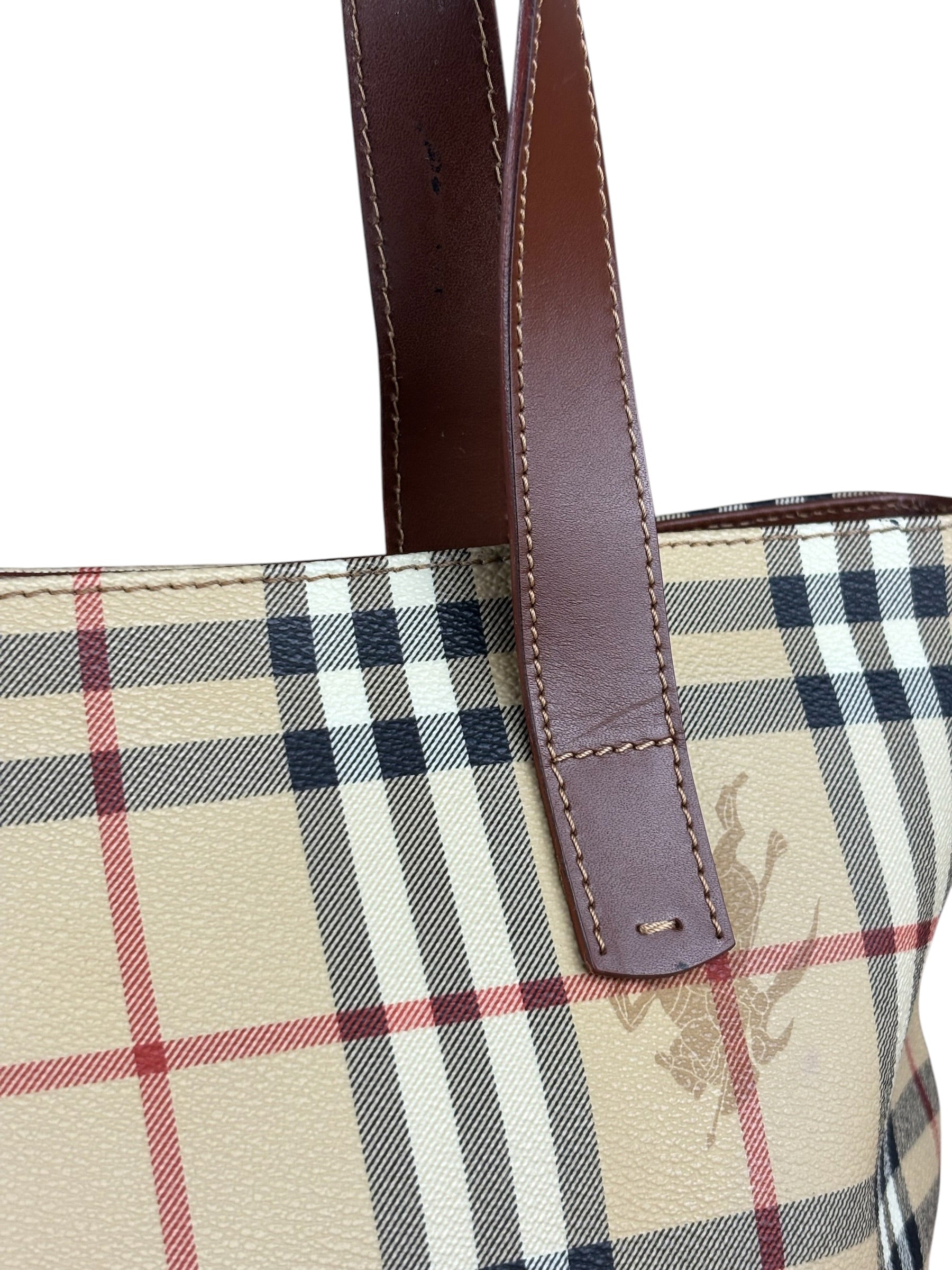 Burberry Vintage Brown Leather  Haymarket Canvas House Check Tote Bag