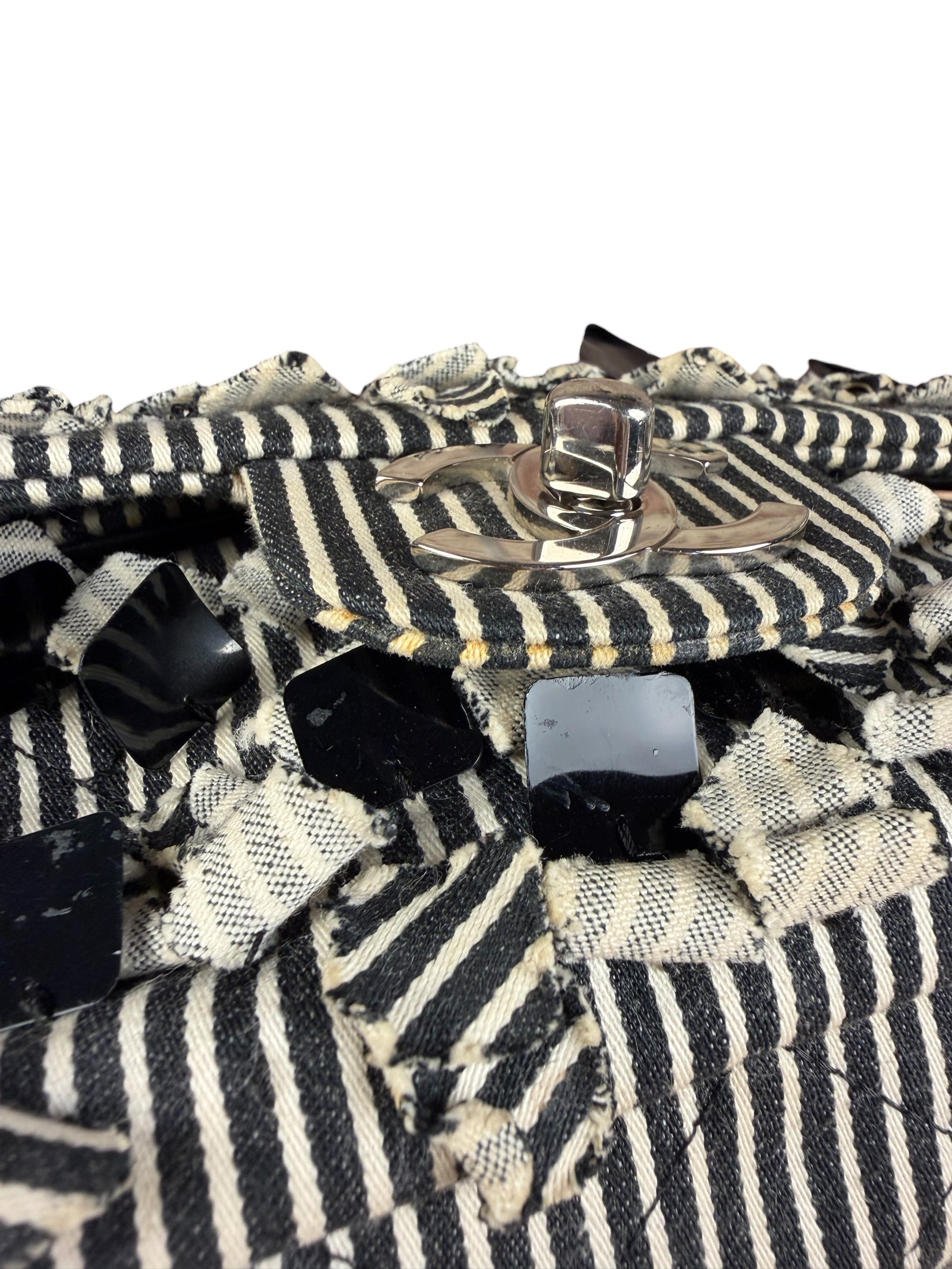 Chanel Black/White Sequin Stripped Medium Double Flap Shoulder Bag