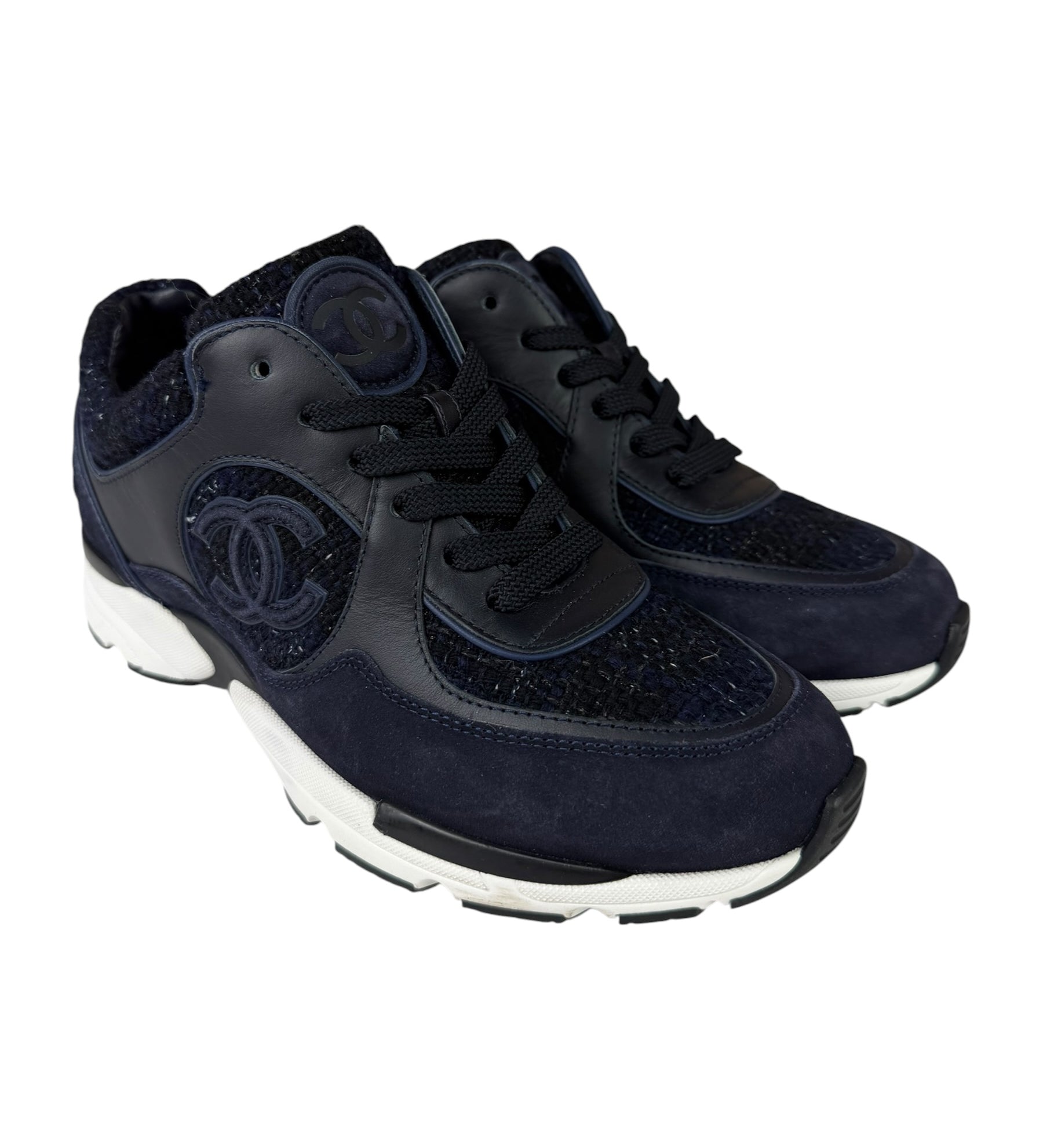 Chanel 24A Navy Tweed & Suede Sneaker