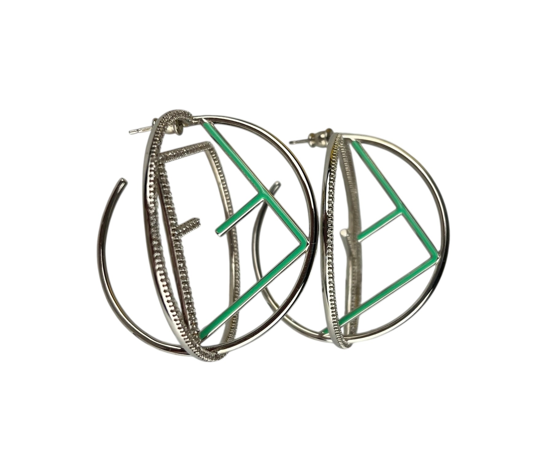 Fendi FF Silver/Teal Logo Hoop Earrings