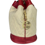 Chanel Vintage Beige/Red Leather Trim Drawstring Bucket Bag 1989