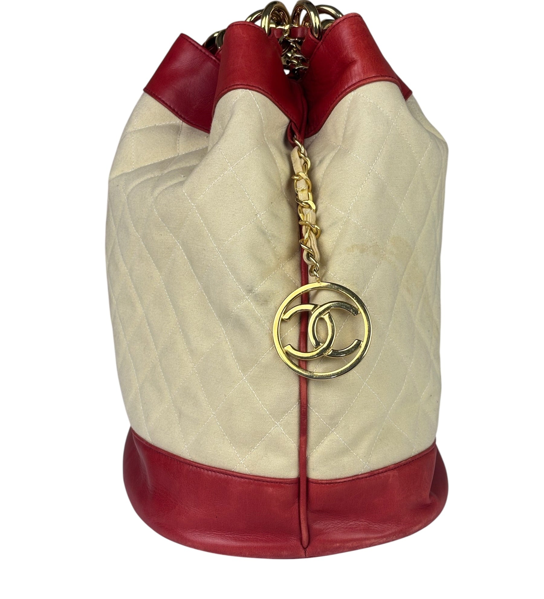 Chanel Vintage Beige/Red Leather Trim Drawstring Bucket Bag 1989