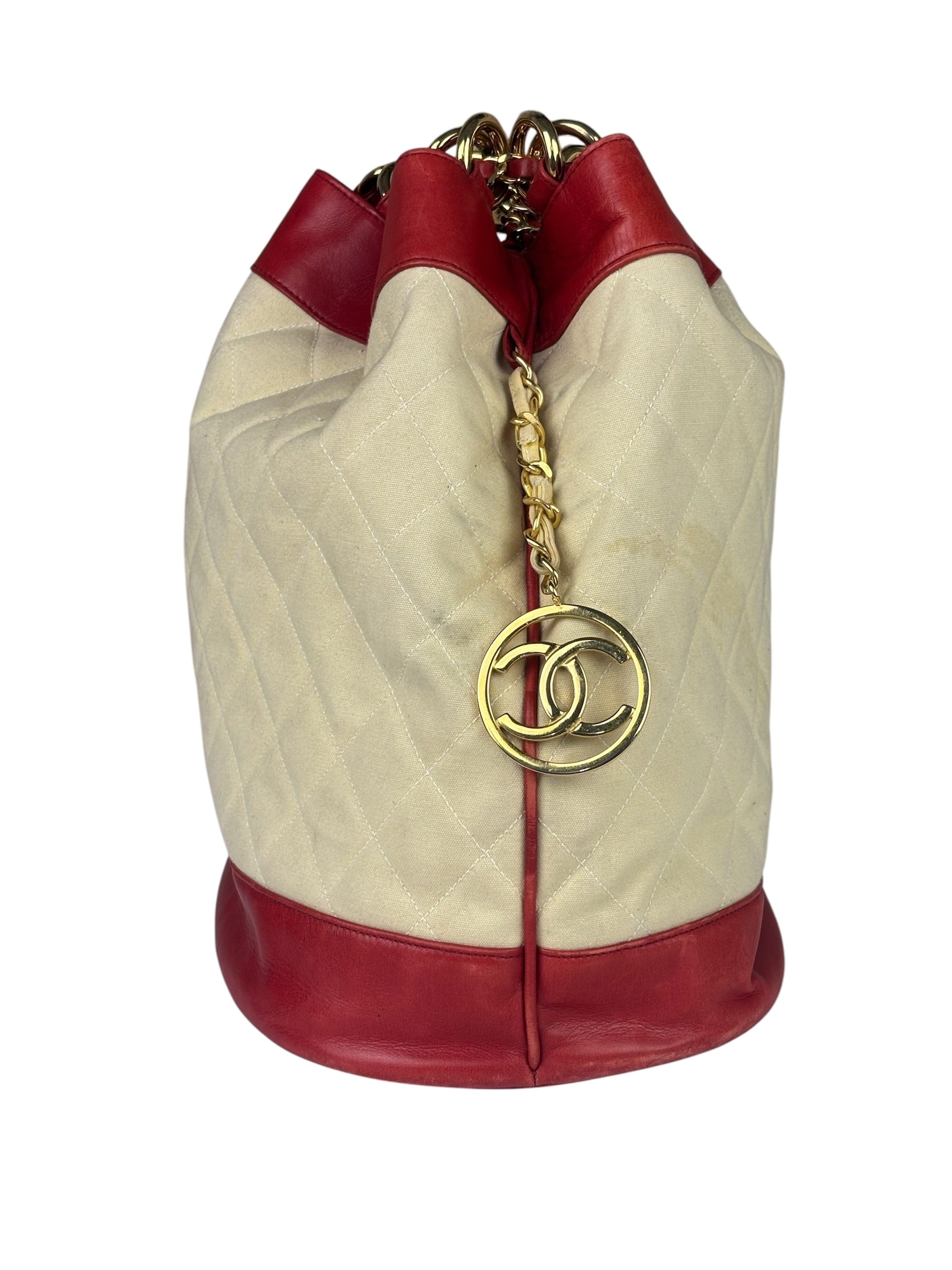 Chanel Vintage Beige/Red Leather Trim Drawstring Bucket Bag 1989