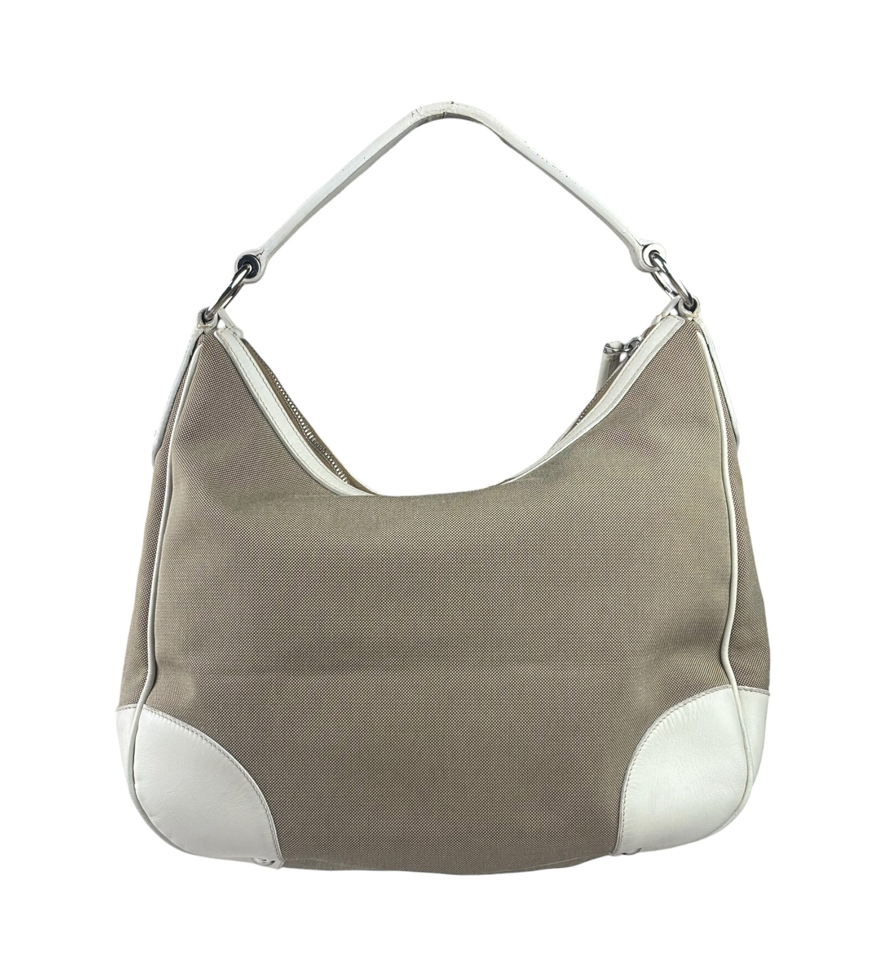 Prada Beige/Cream Leather Trim Logo Jacquard Hobo Bag