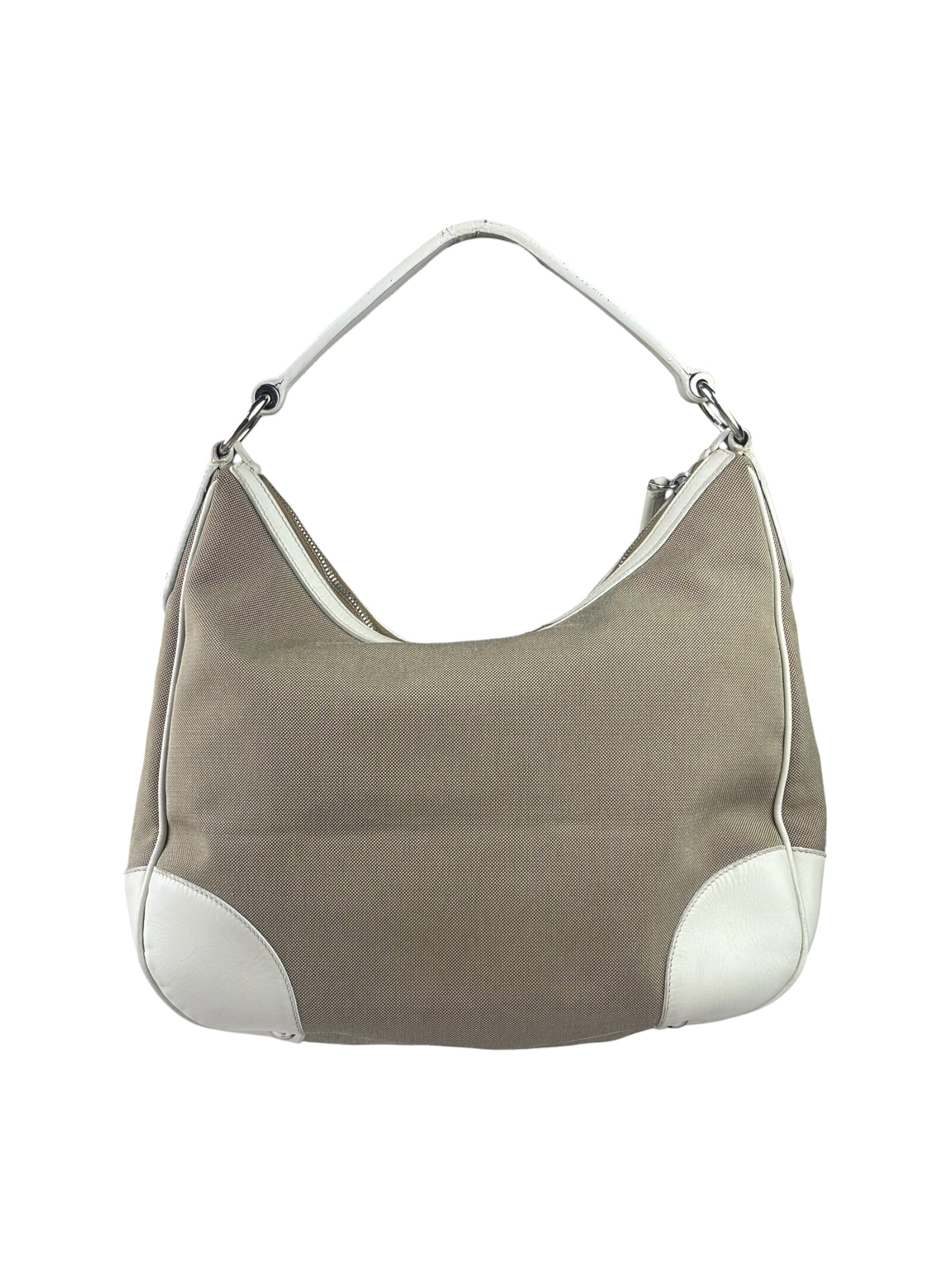 Prada Beige/Cream Leather Trim Logo Jacquard Hobo Bag