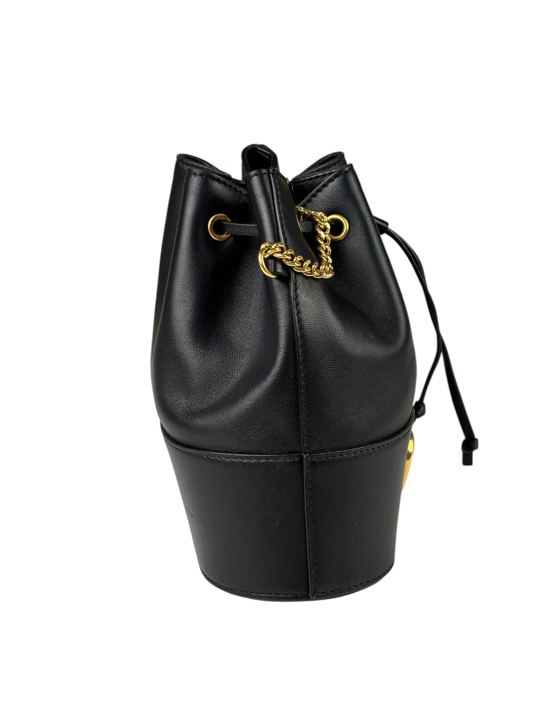 Valentino Black Leather Garavani Mini V Logo Signature Bucket Bag