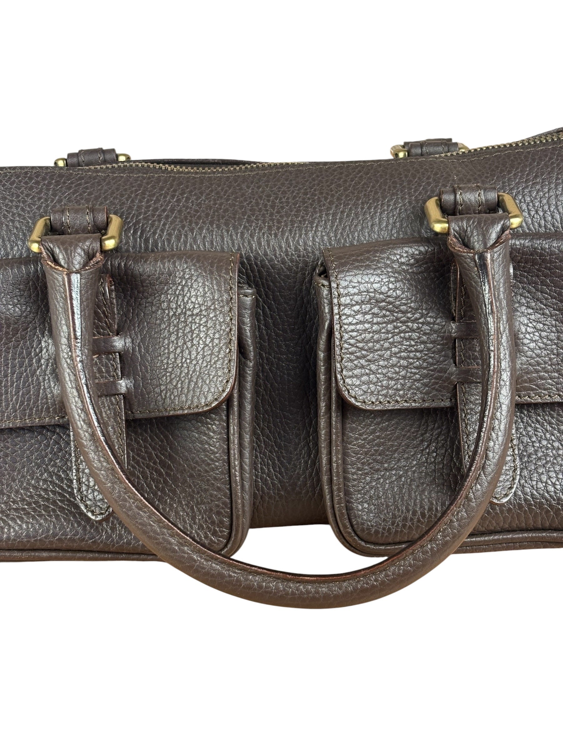 Burberry Vintage Brown Pebbled Leather Double Pocket Satchel Handbag