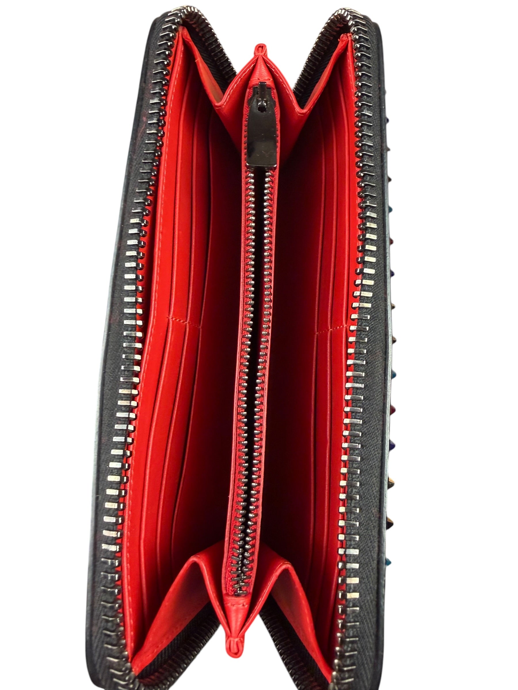 Christian Louboutin Bicolor Leather Around-Zip Spiked Studs Wallet