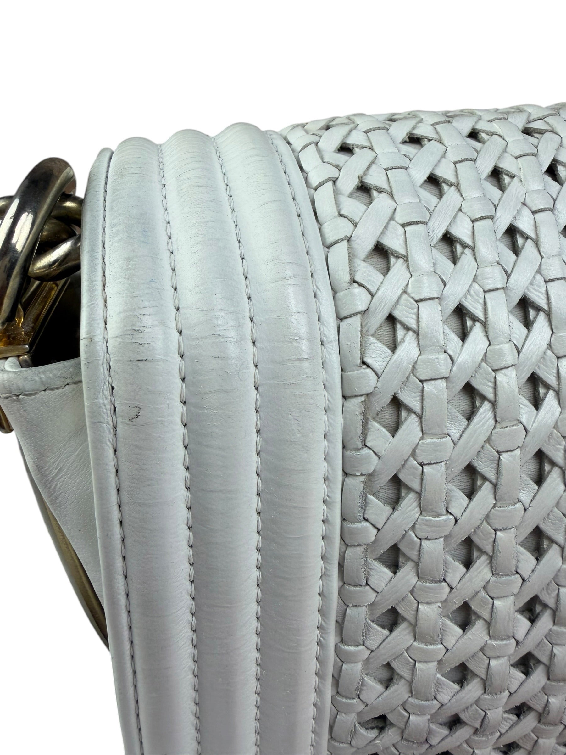 Chanel Vintage White Leather Braided Boy Shoulder Bag 1989