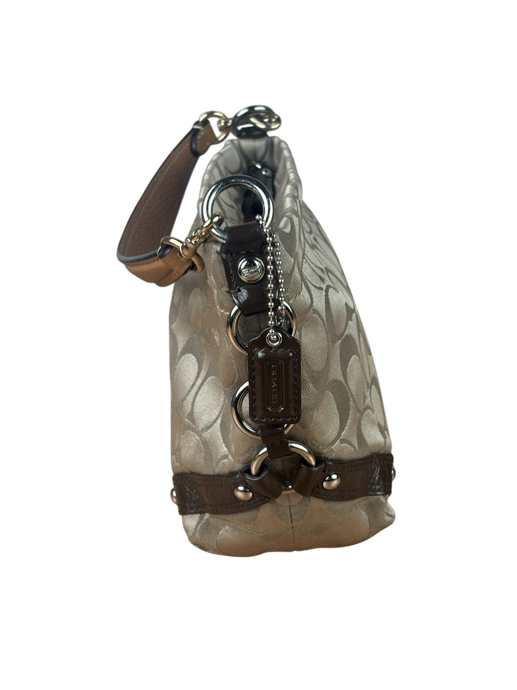 Coach Beige/Brown Leather Trim Signature Mini Carly Hobo Bag