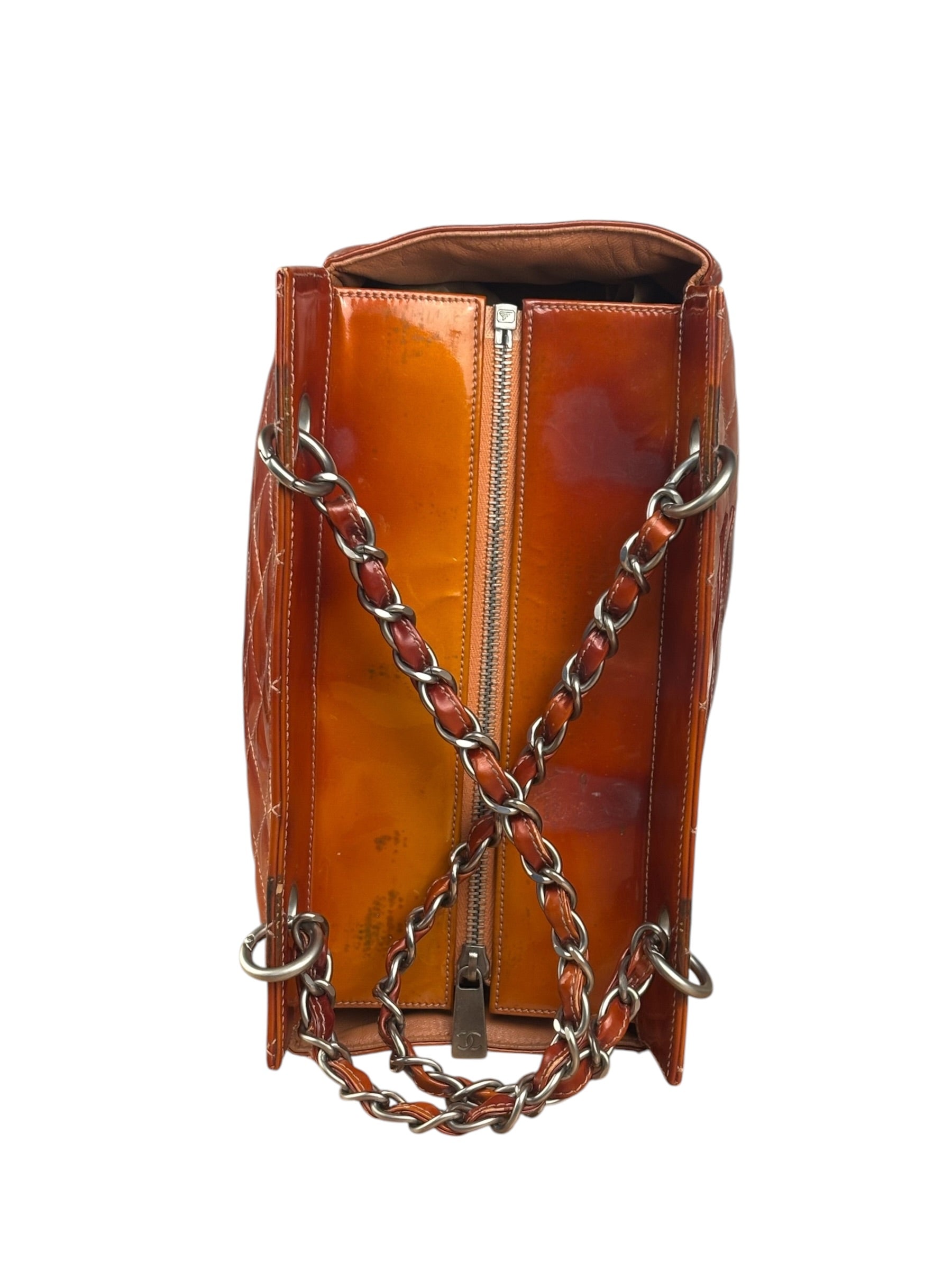 Chanel Vintage Orange Patent Leather Petit Timeless Shopping Tote