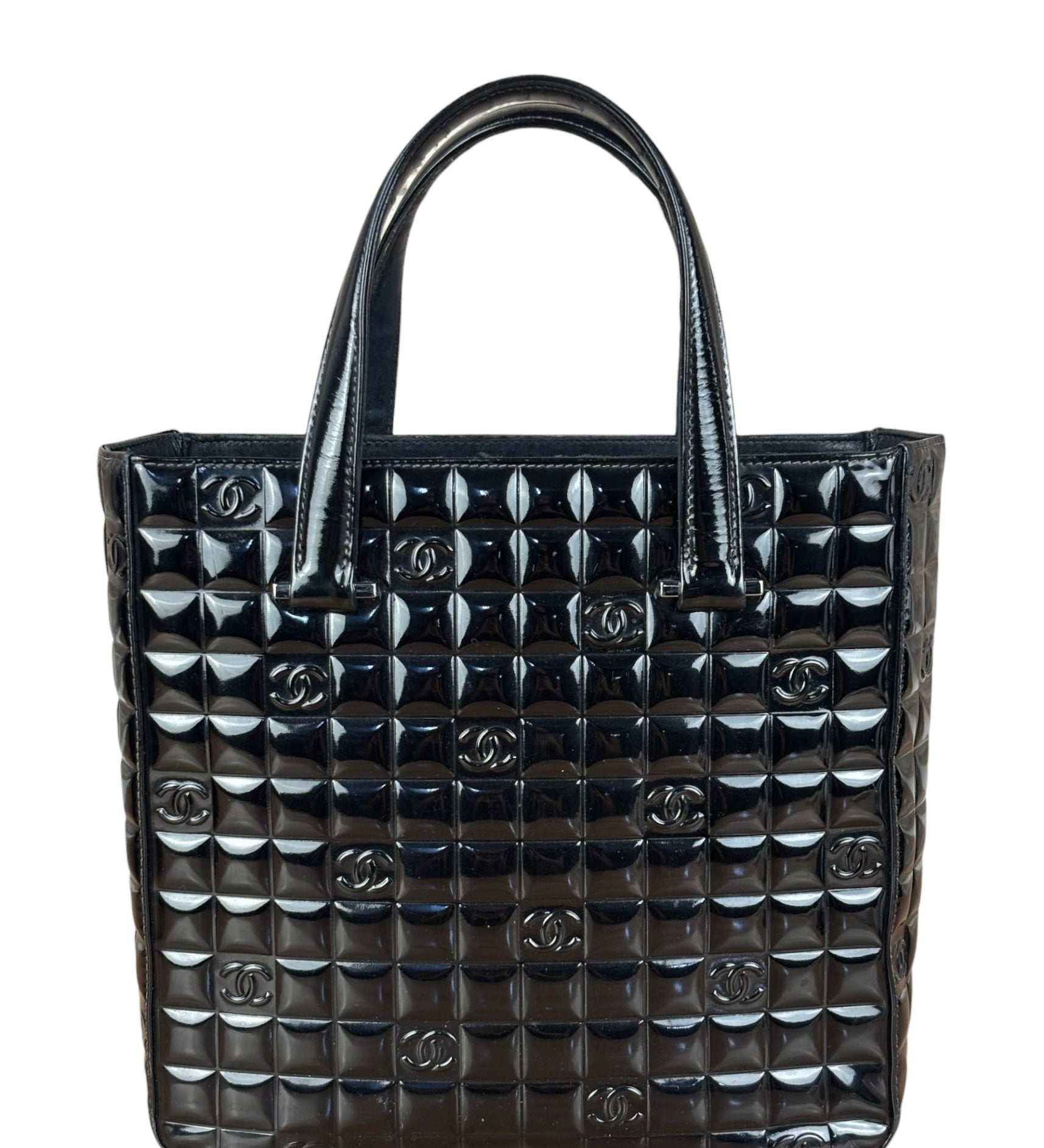 Chanel Vintage Black Patent Leather Chocolate Bar Pyramidal Tote Bag 2002