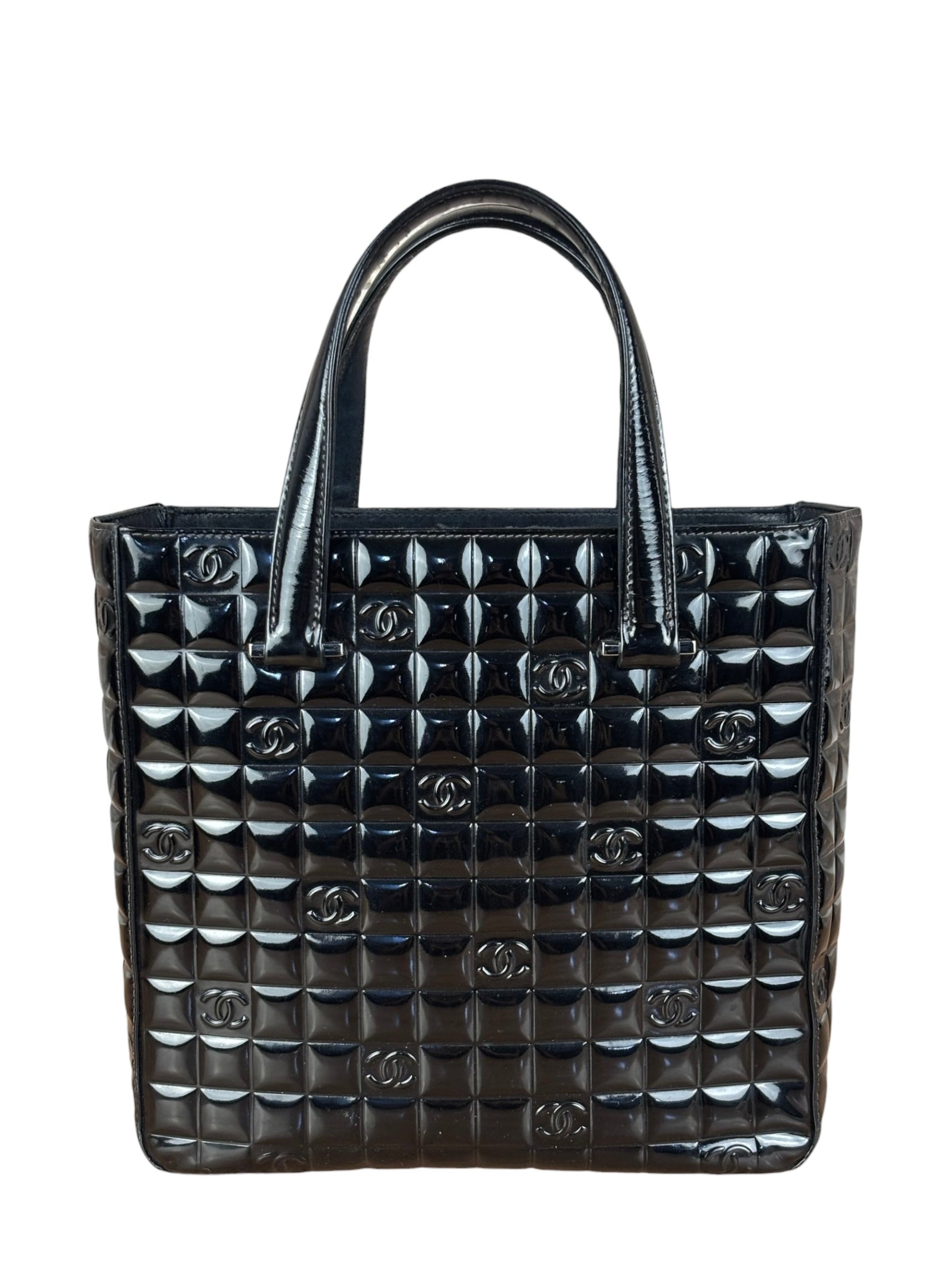 Chanel Vintage Black Patent Leather Chocolate Bar Pyramidal Tote Bag 2002