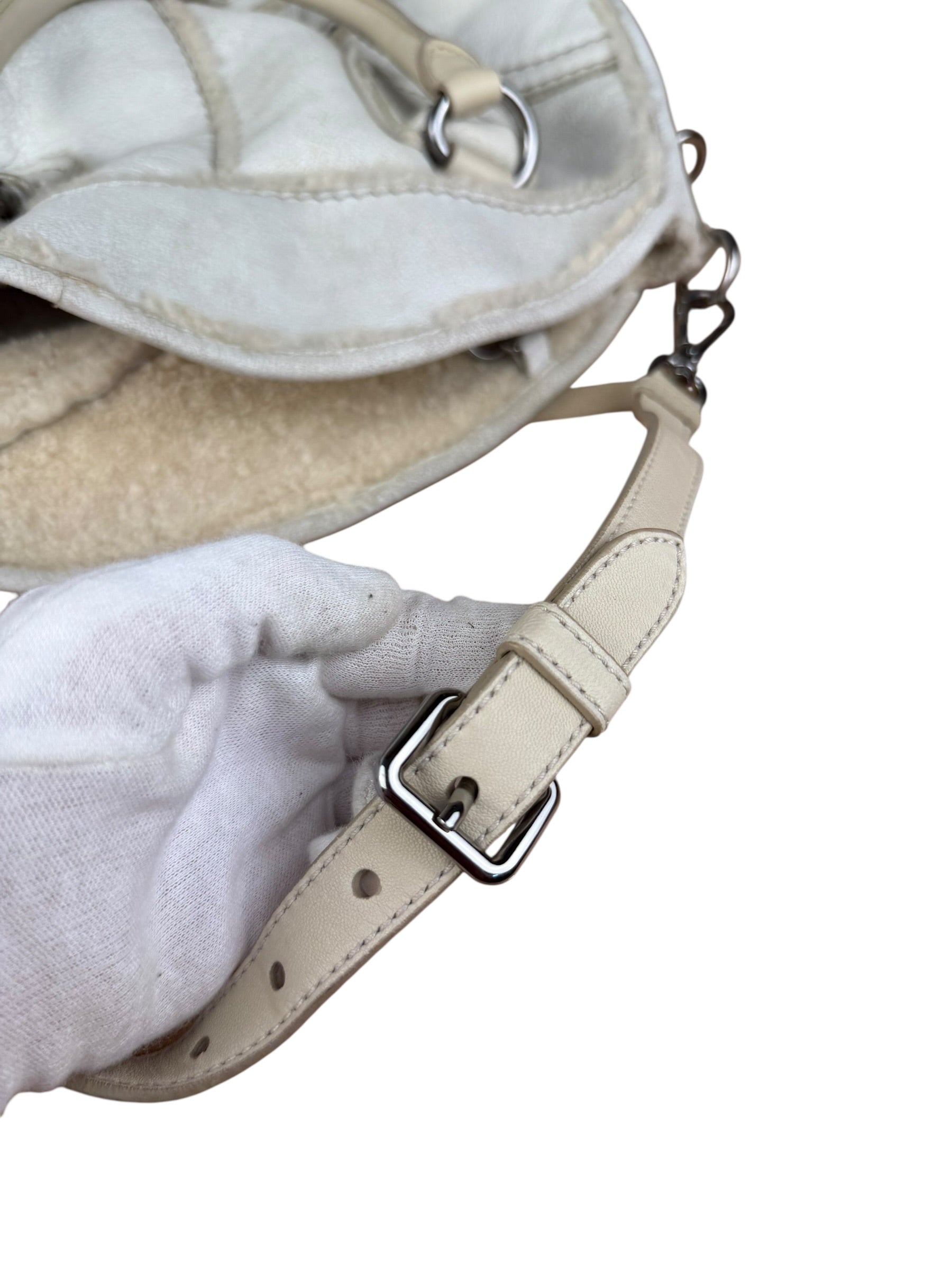 Prada Vintage White Studded Leather Shearling Bowler 2Way Bag