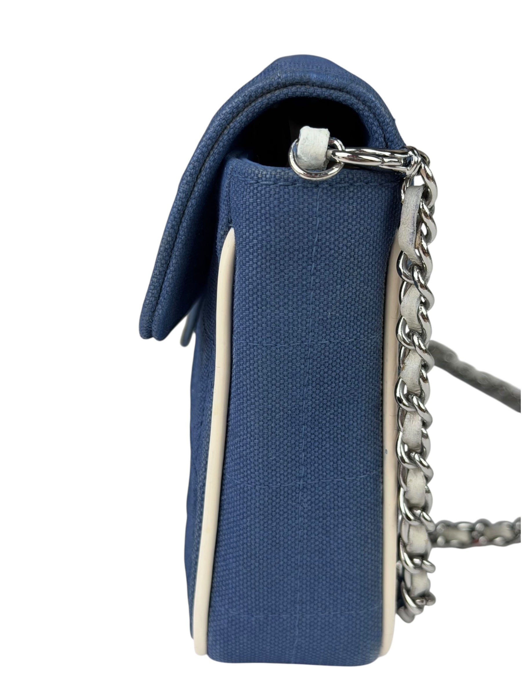 Chanel Blue/Cream Patent Leather Trim East-West Chocolate Bar Shoulder Bag 2002