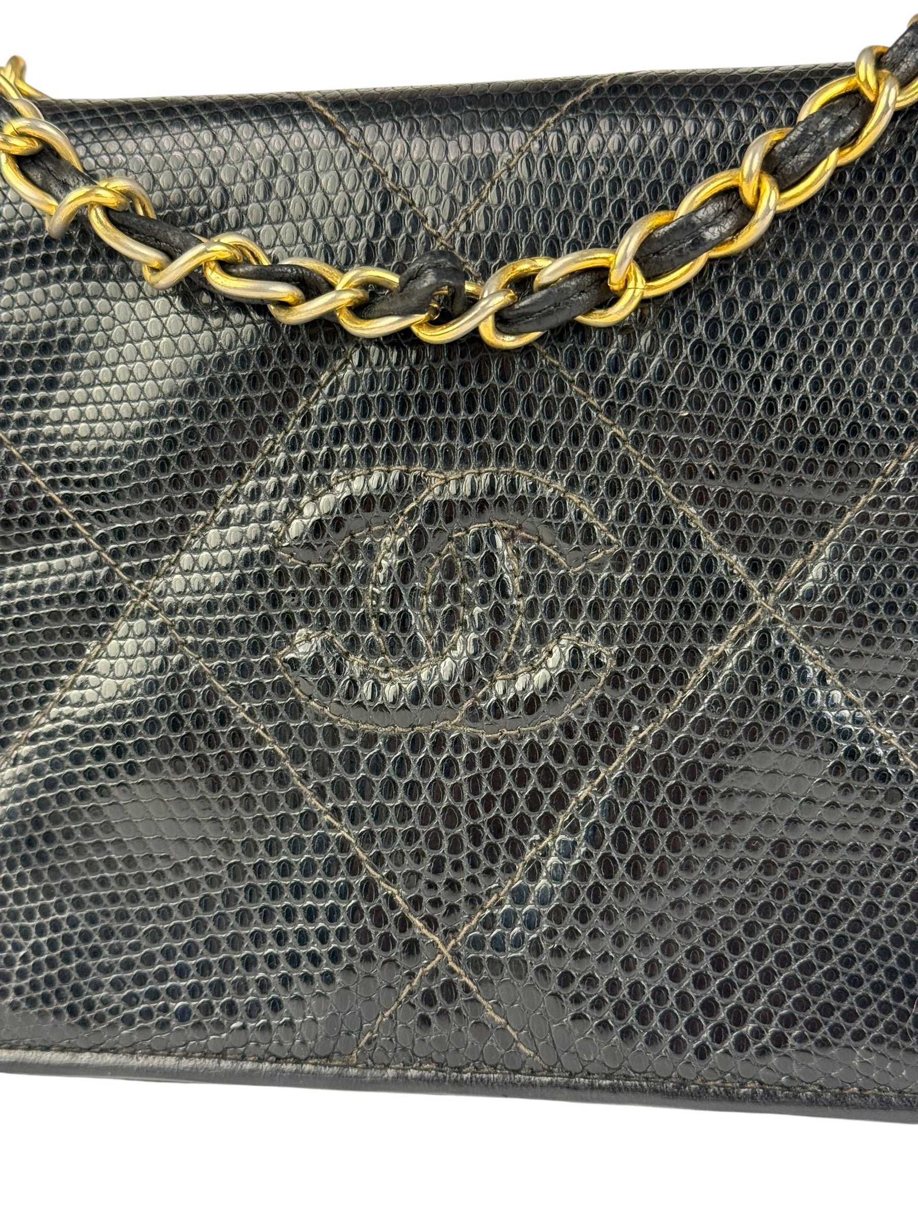 Chanel Vintage Black Lizard Leather Chain Flap Bag 1987