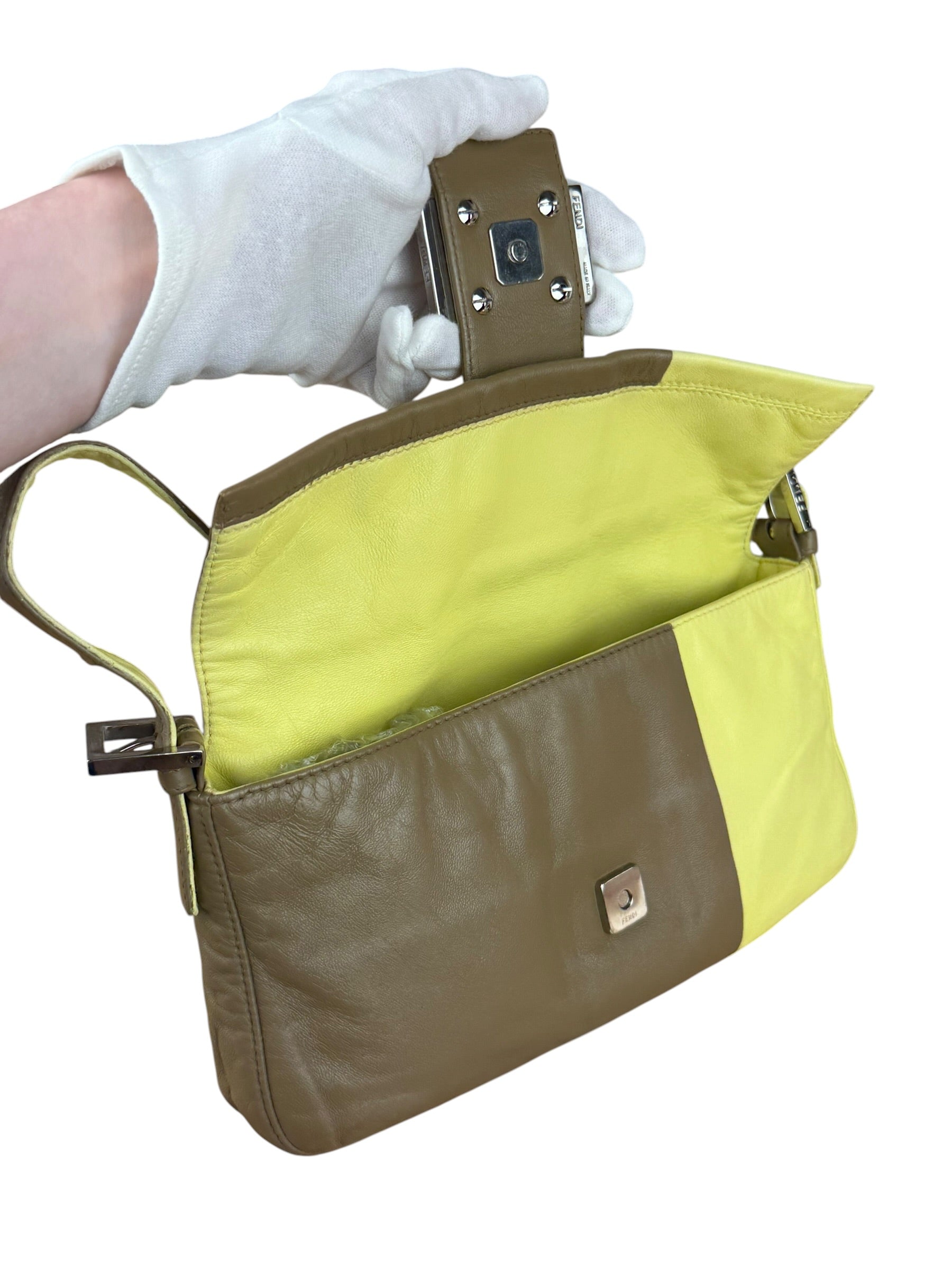 Fendi Yellow Wave Buckle Leather Baguette
