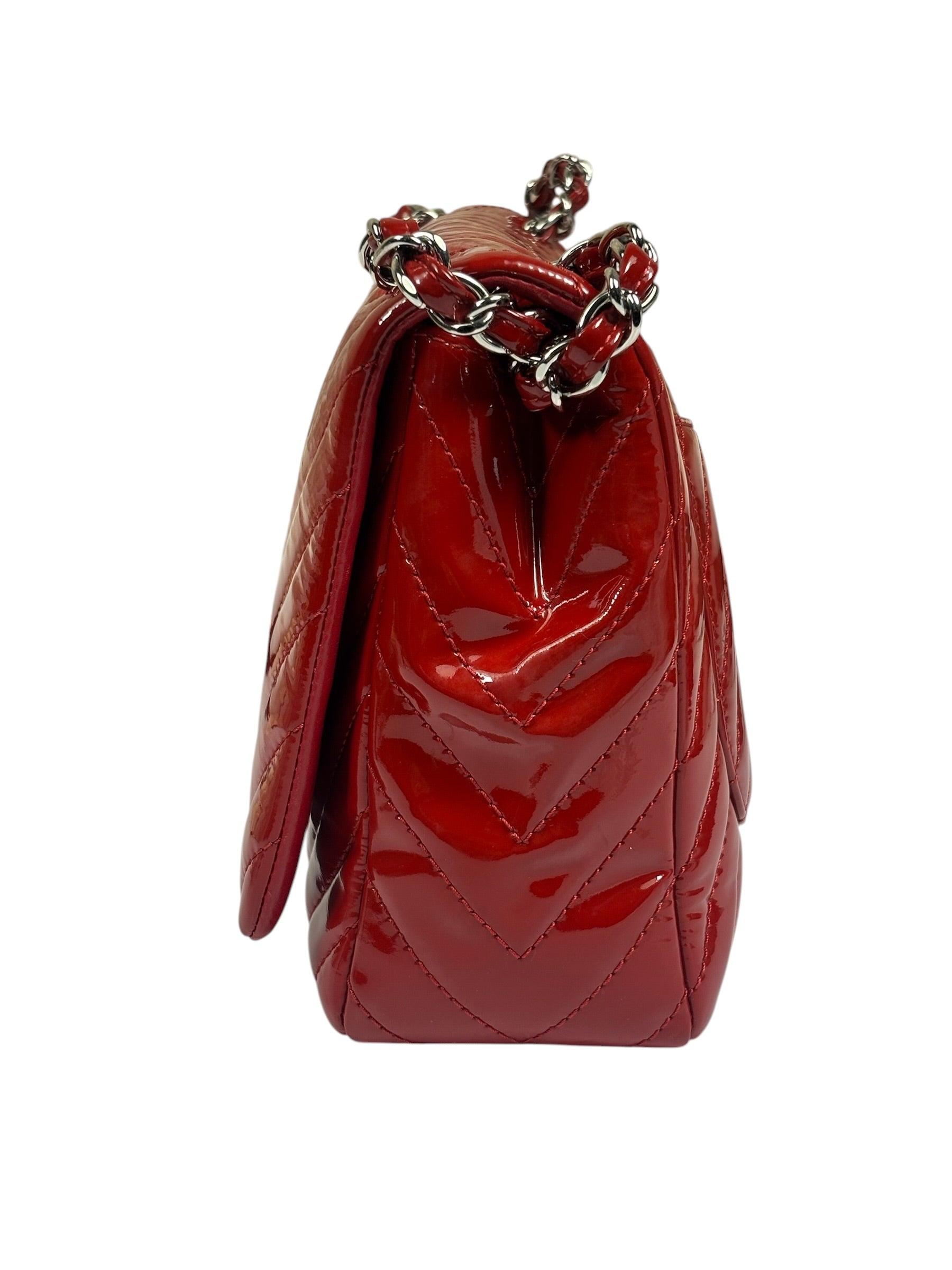 Chanel Red Patent Leather Chevron Jumbo Flap Bag 2009