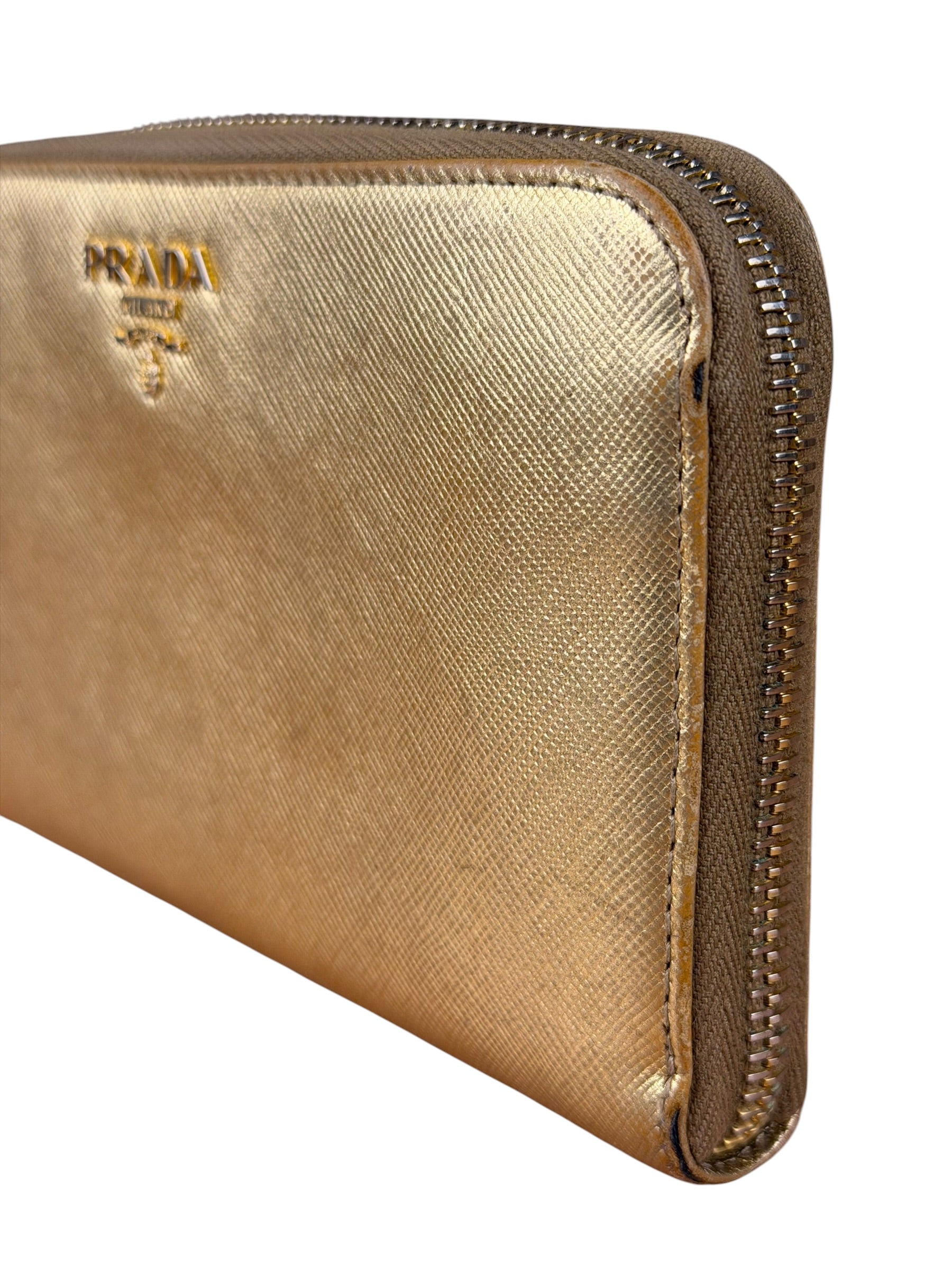 Prada Metallic Gold Saffiano Leather Zip-Around Wallet