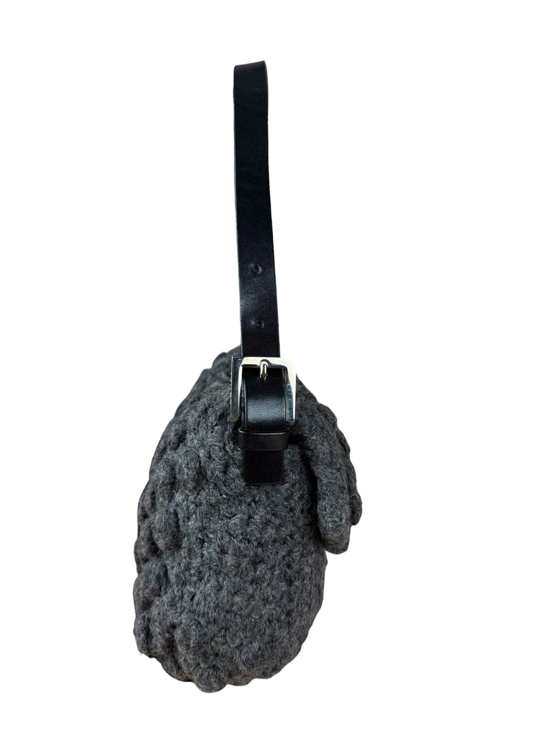 Fendi Grey Wool Crochet FF Baguette Shoulder Bag