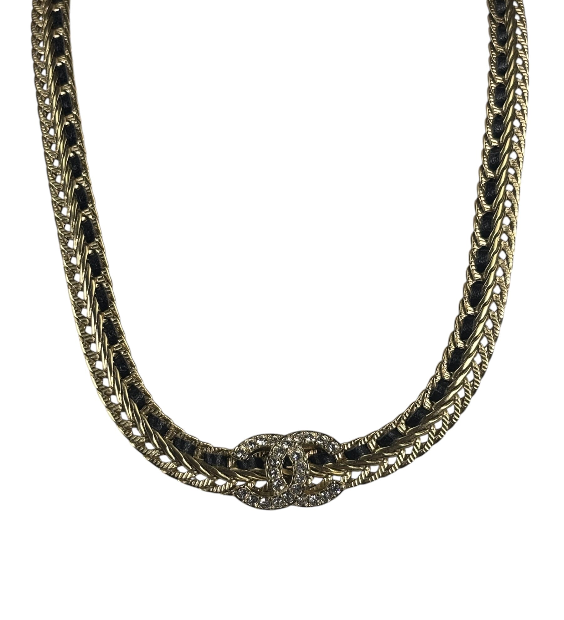 Chanel Black Leather Trim Gold-Tone Chain Choker 22S