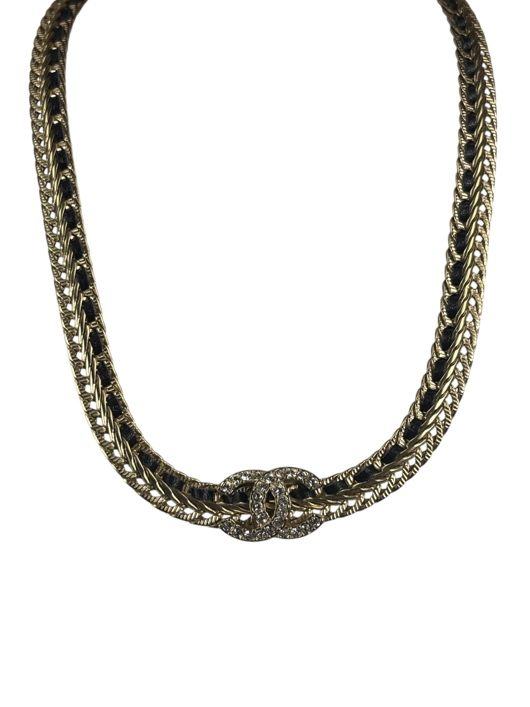 Chanel Black Leather Trim Gold-Tone Chain Choker 22S