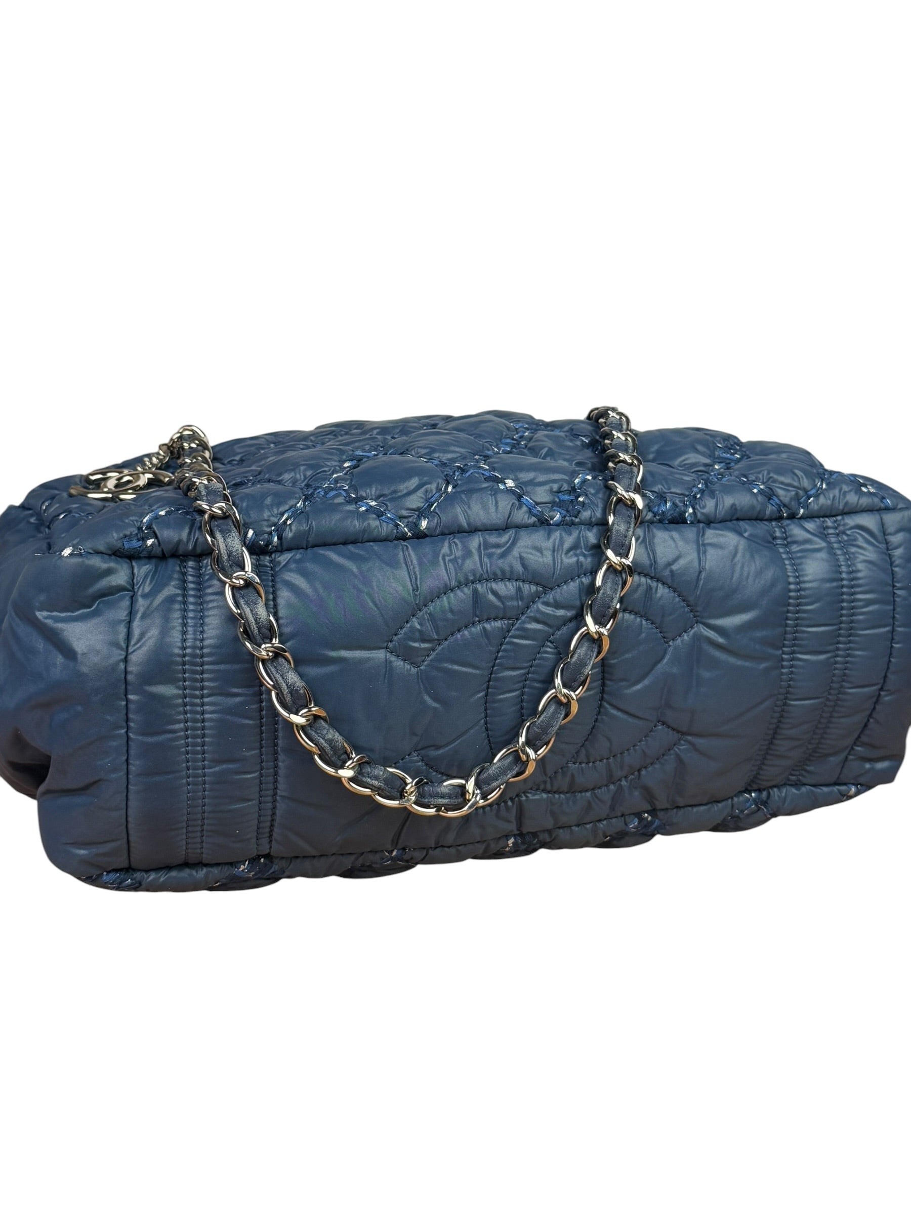 Chanel Blue Leather Trim/Nylon Tweed Stitch Puffer Chain Shoulder Bag 2010
