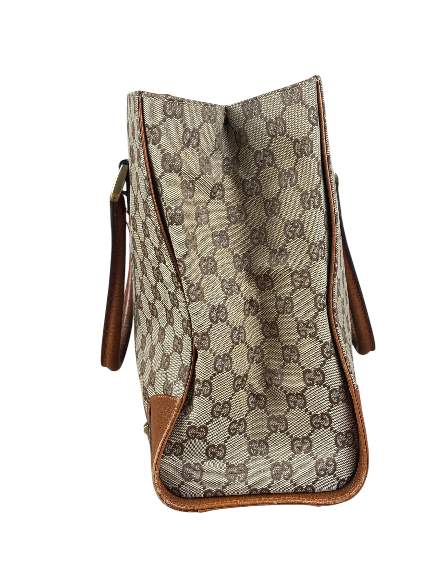 Gucci GG Brown Leather Trim Canvas Monogram Tote Bag