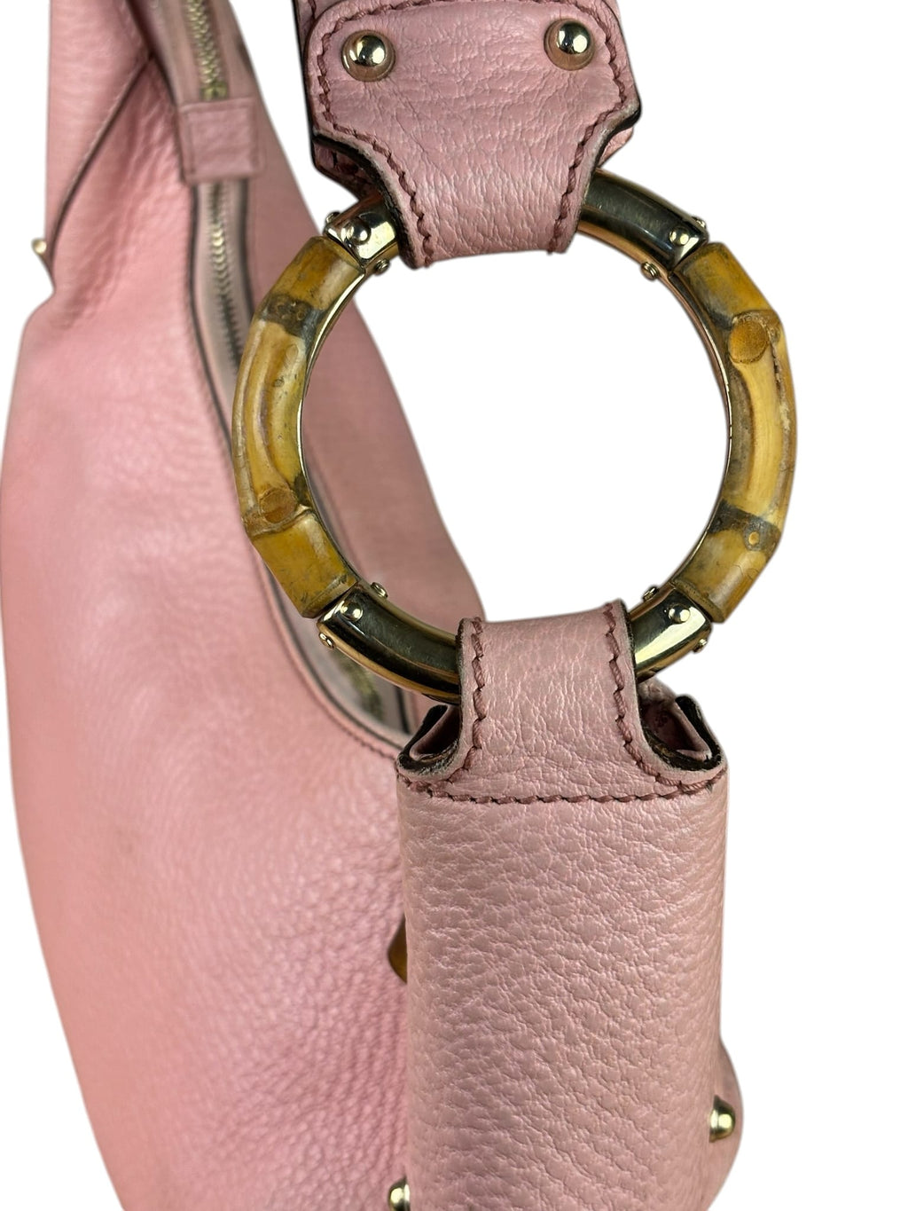 Gucci Pink Pebbled Leather Bamboo Ring Medium Hobo Bag