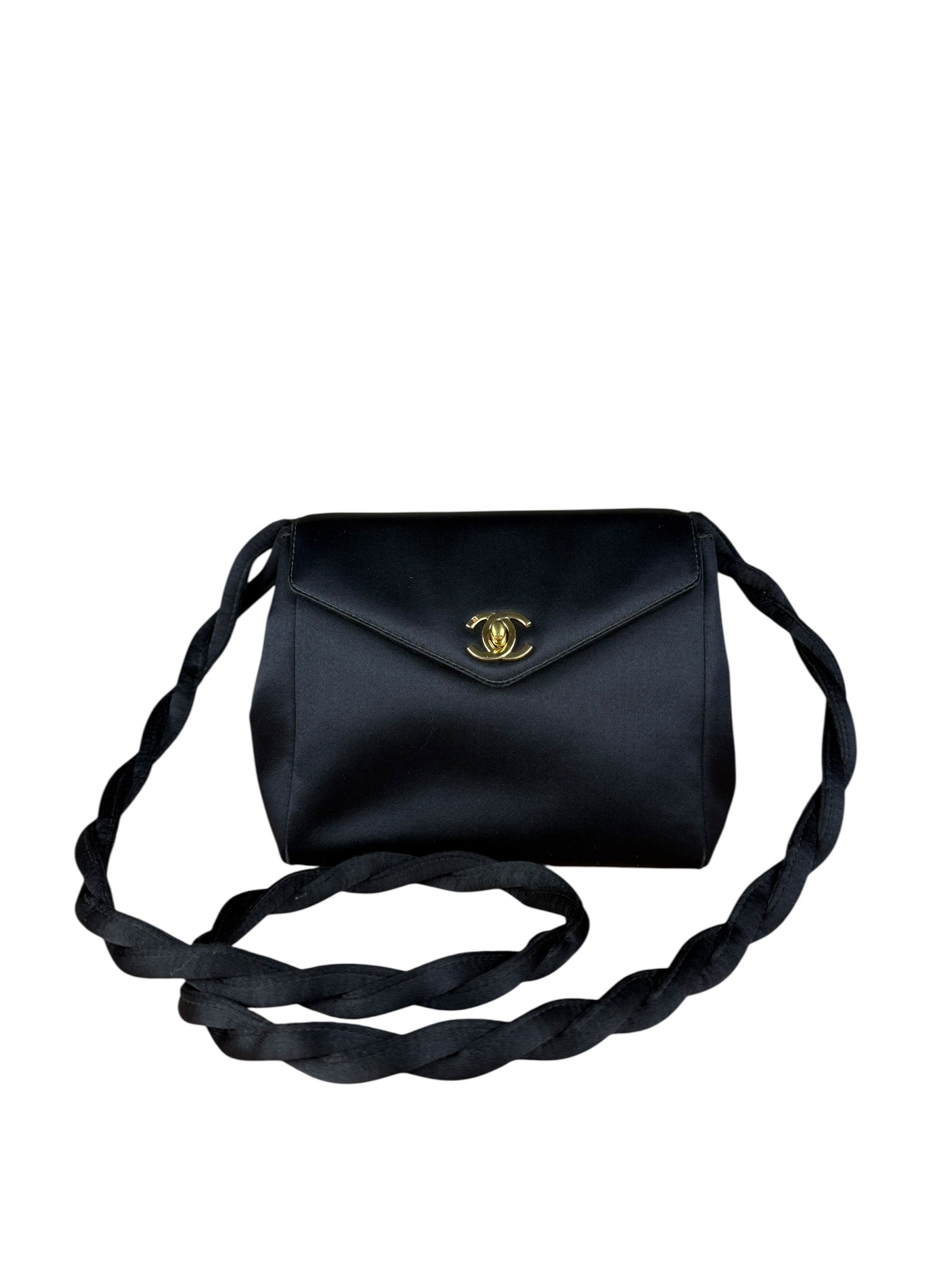 Chanel Vintage Black Mini Satin Flap Braided Shoulder Bag