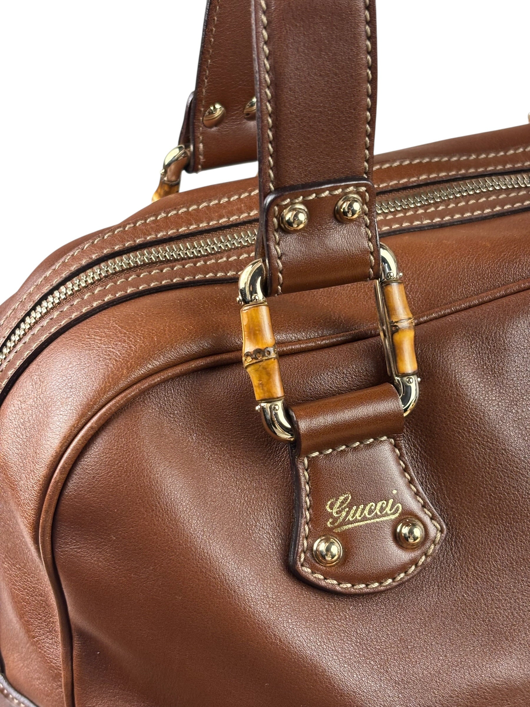 Gucci Tan Brown Leather Bamboo Handle Boston Bag