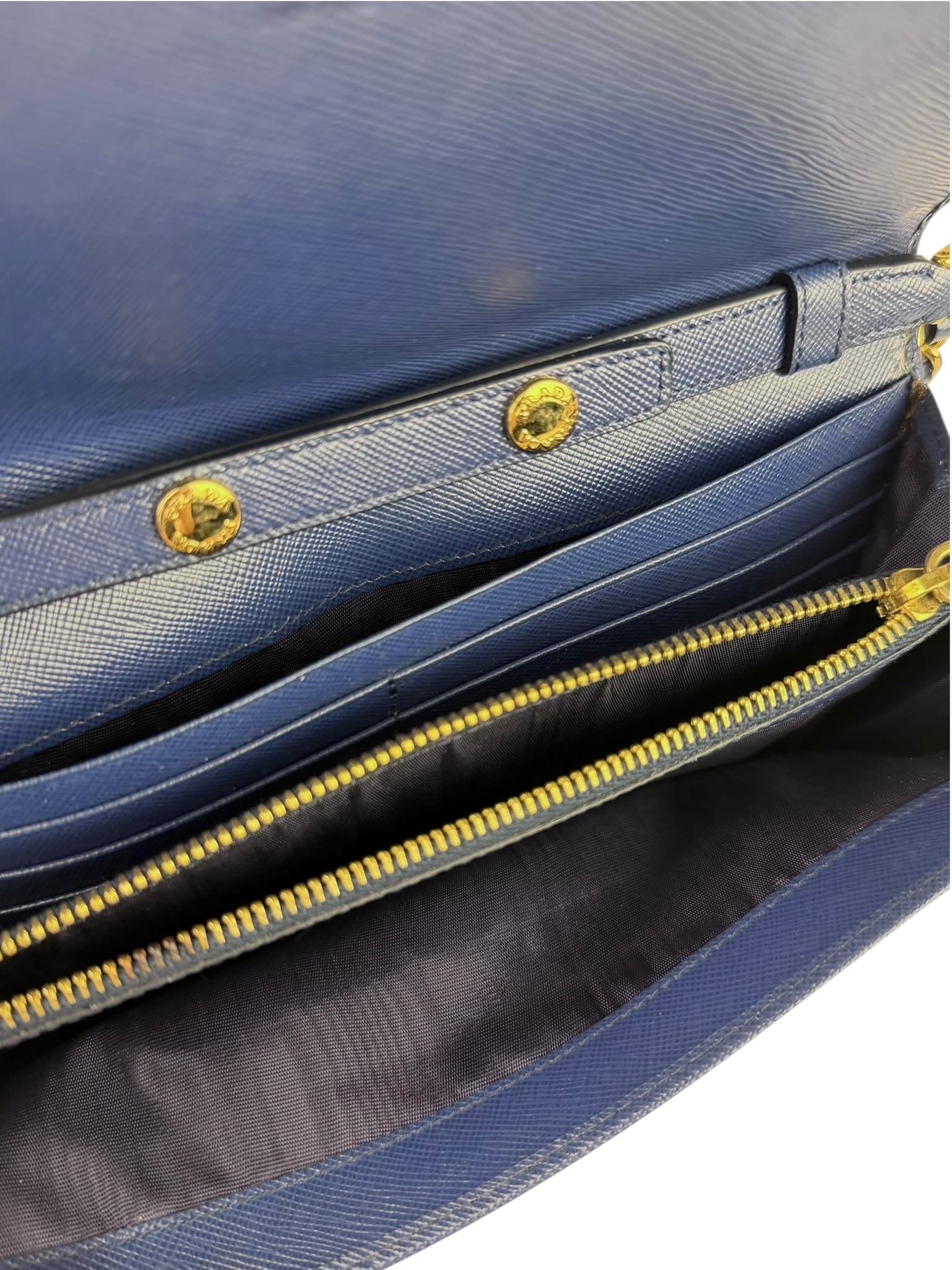 Prada Blue Saffiano Leather Fire Flap Wallet On Chain